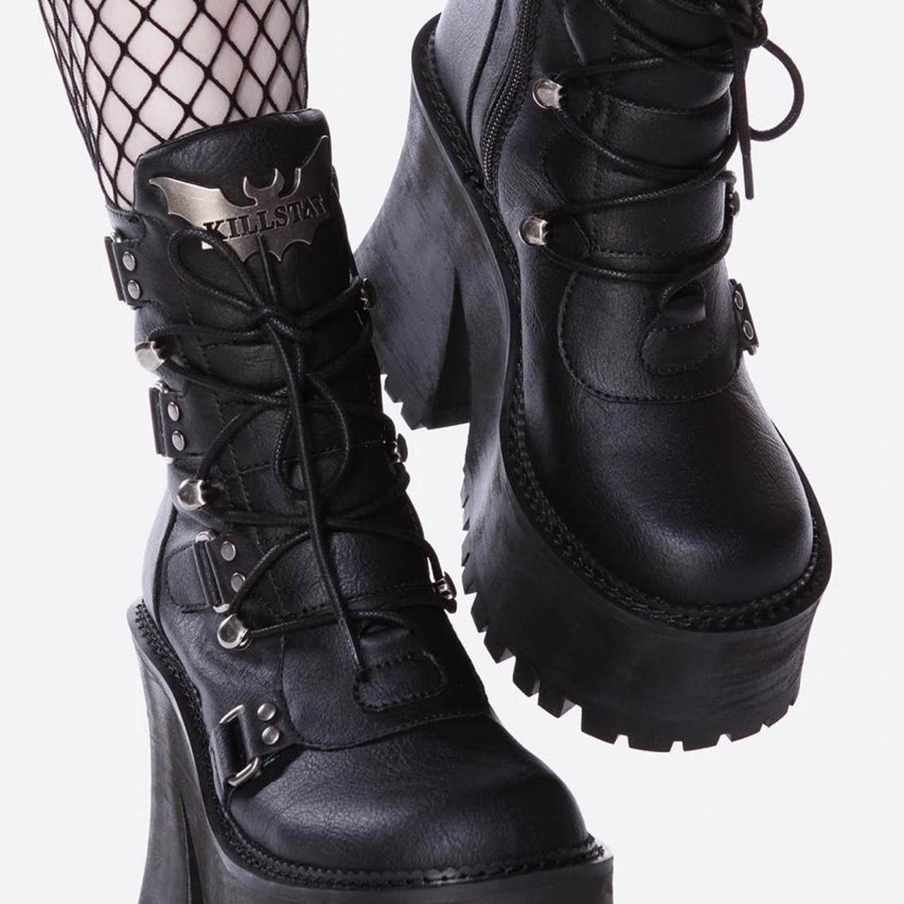 Black Platform Goth Boots Faux leather Silver... - Depop