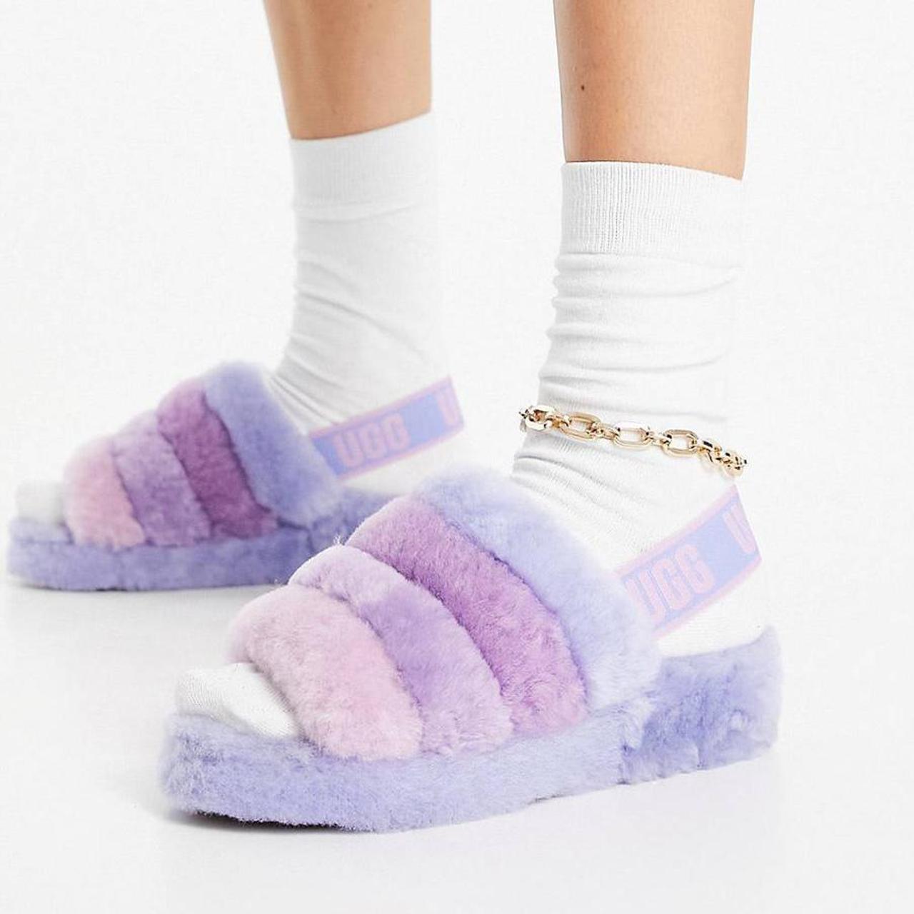 UGG Fluff Yeah Slide Slippers in Lilac Stripe UGG Depop