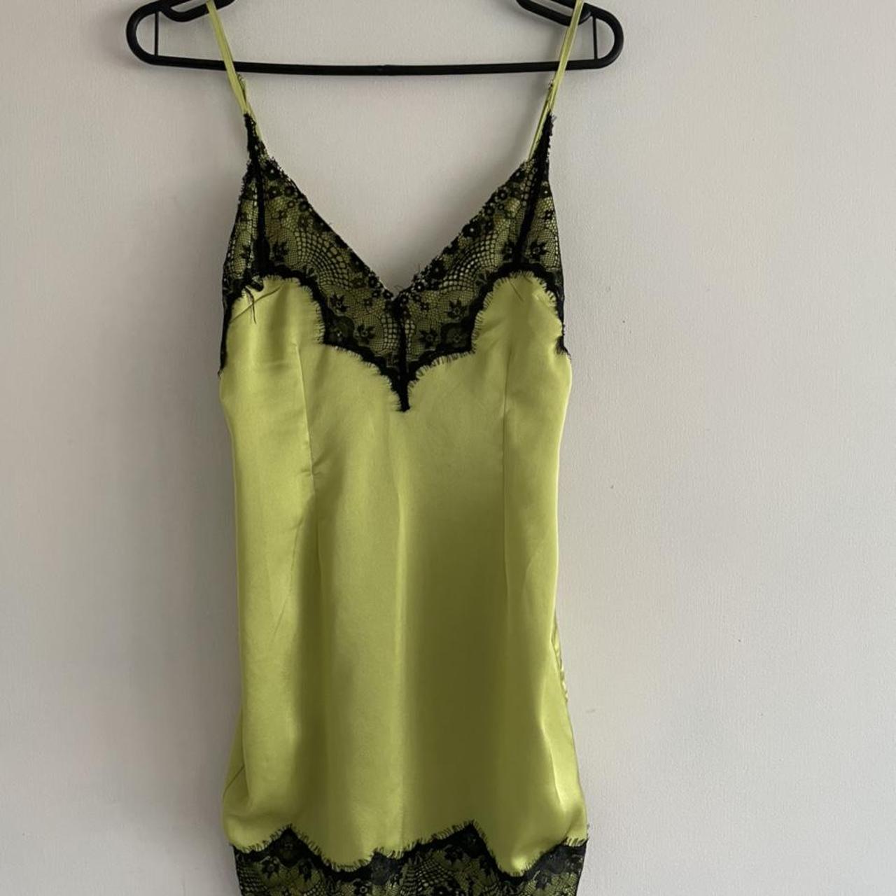 Lime green satin bodycon dress with lace detail,... - Depop