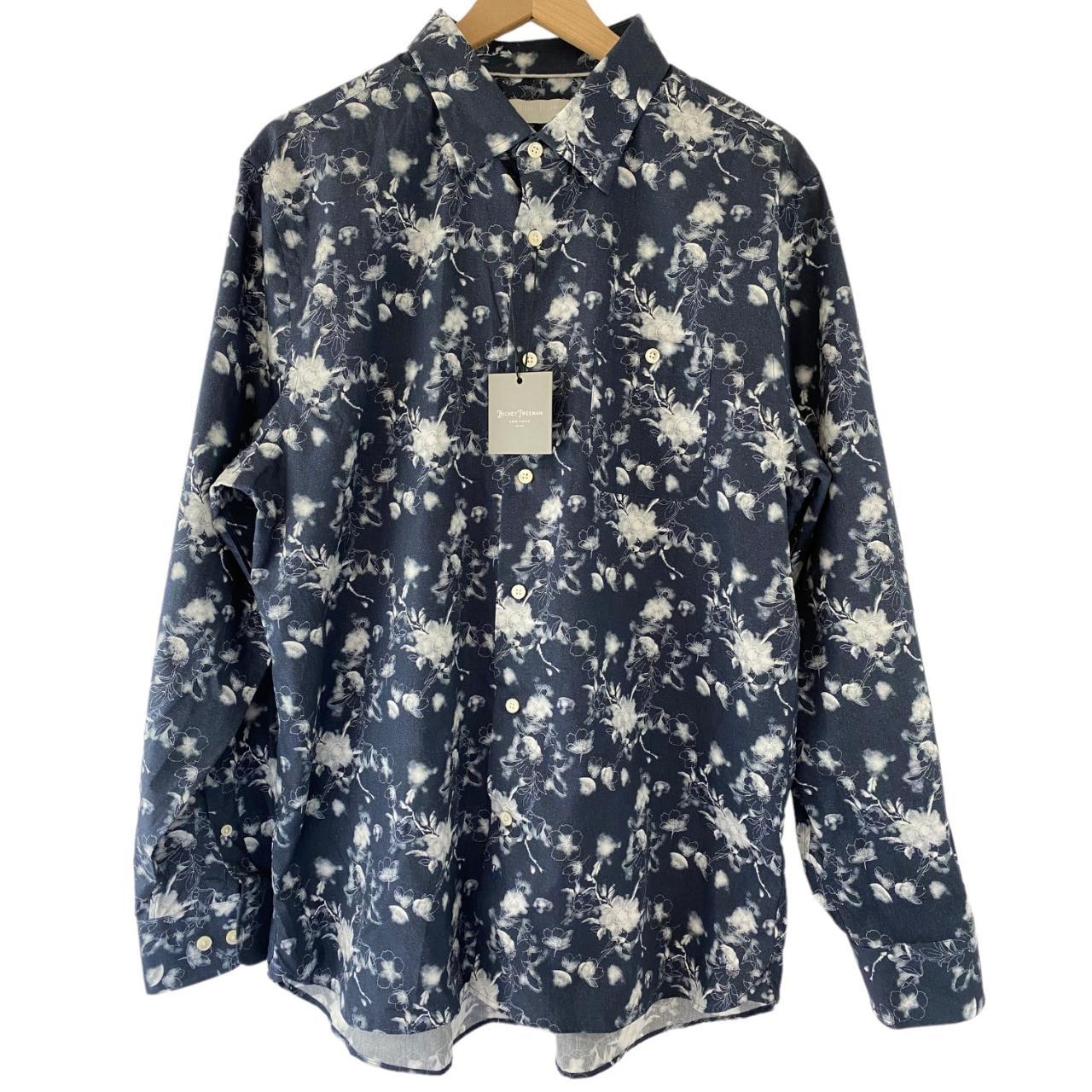 Hickey Freeman Men's Navy Blue Floral Long Sleeve... - Depop