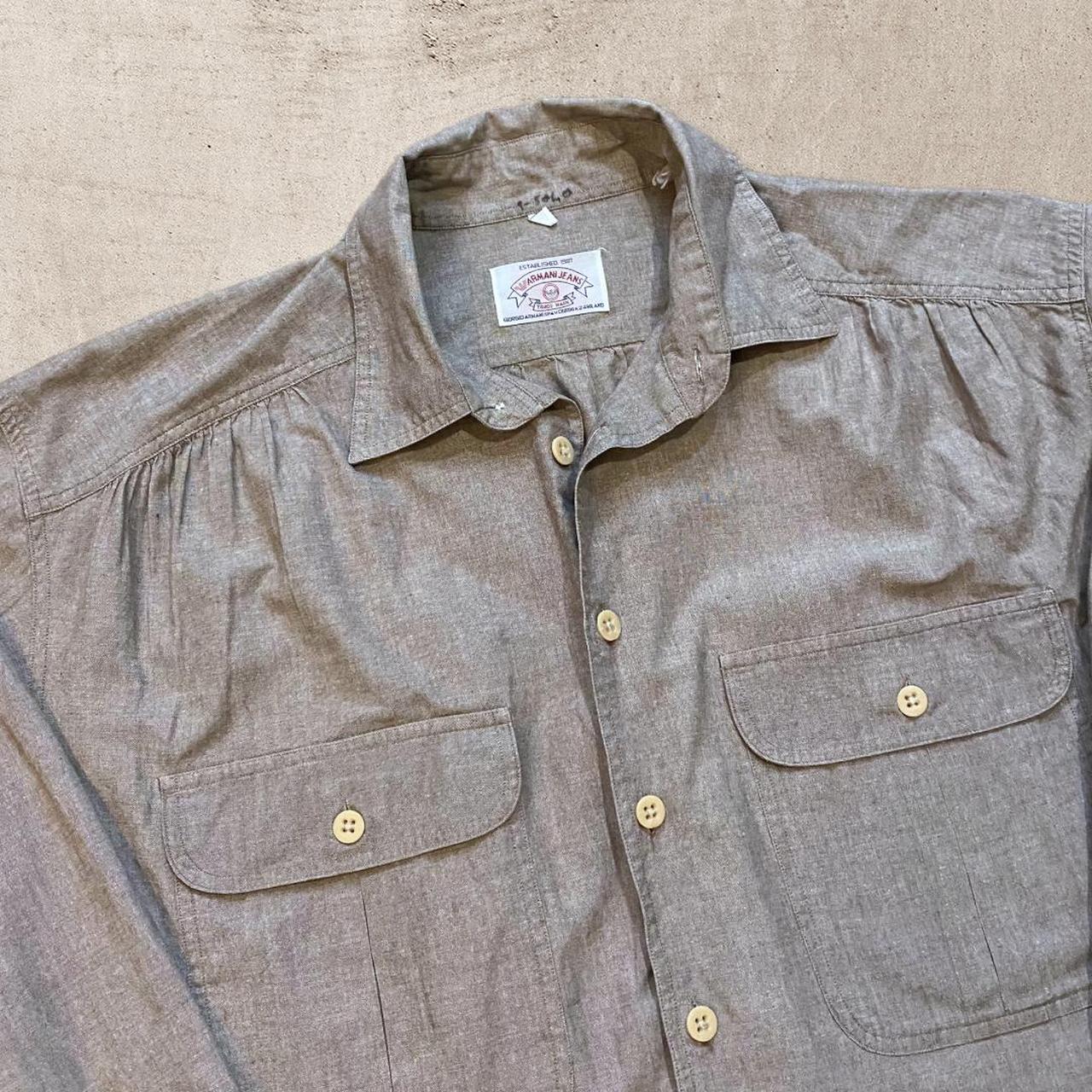 Vintage Armani Jeans Pleated Button Up Shirt Gray... - Depop