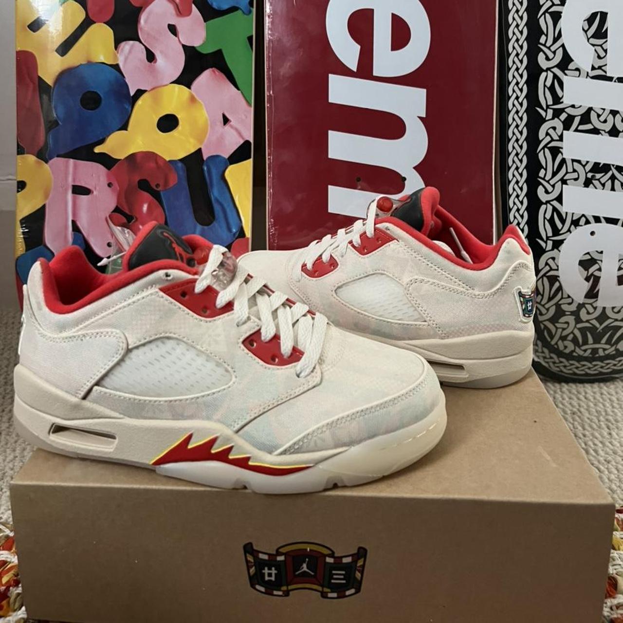 Jordan Women's Cream and Red Trainers Depop