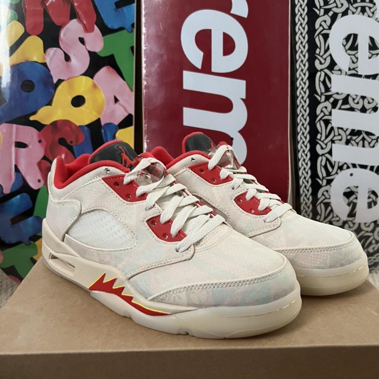 Jordan Women's Cream and Red Trainers Depop