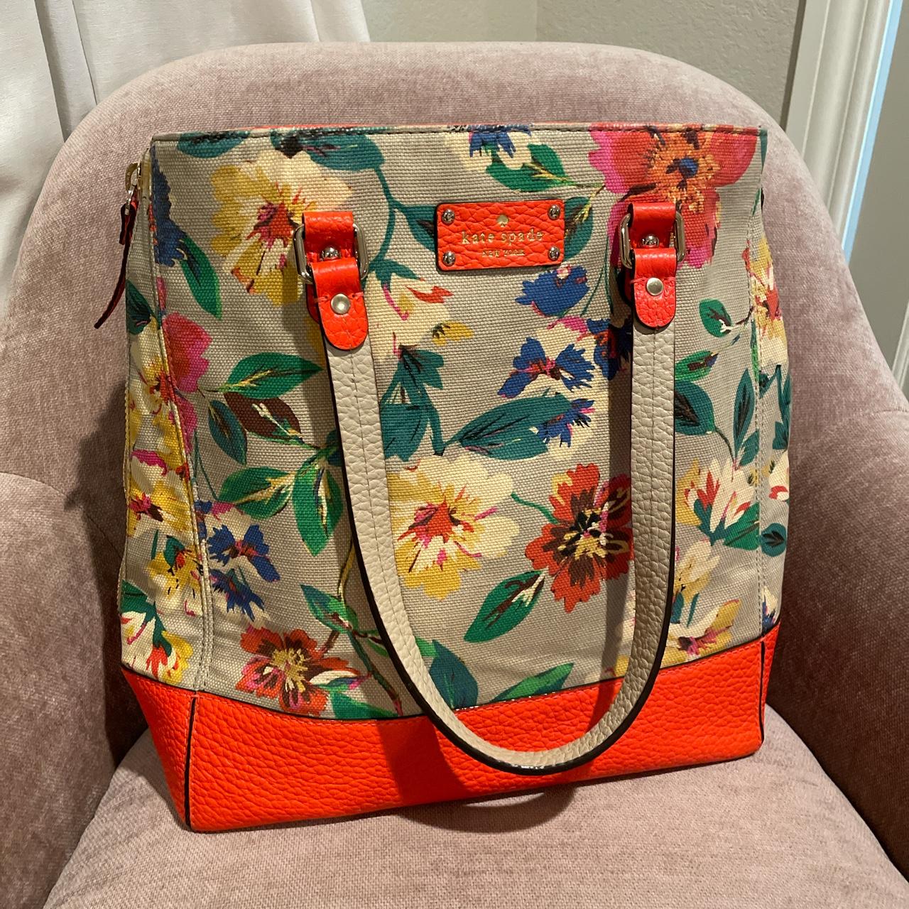 beautiful orange floral kate spade bag/tote used... - Depop