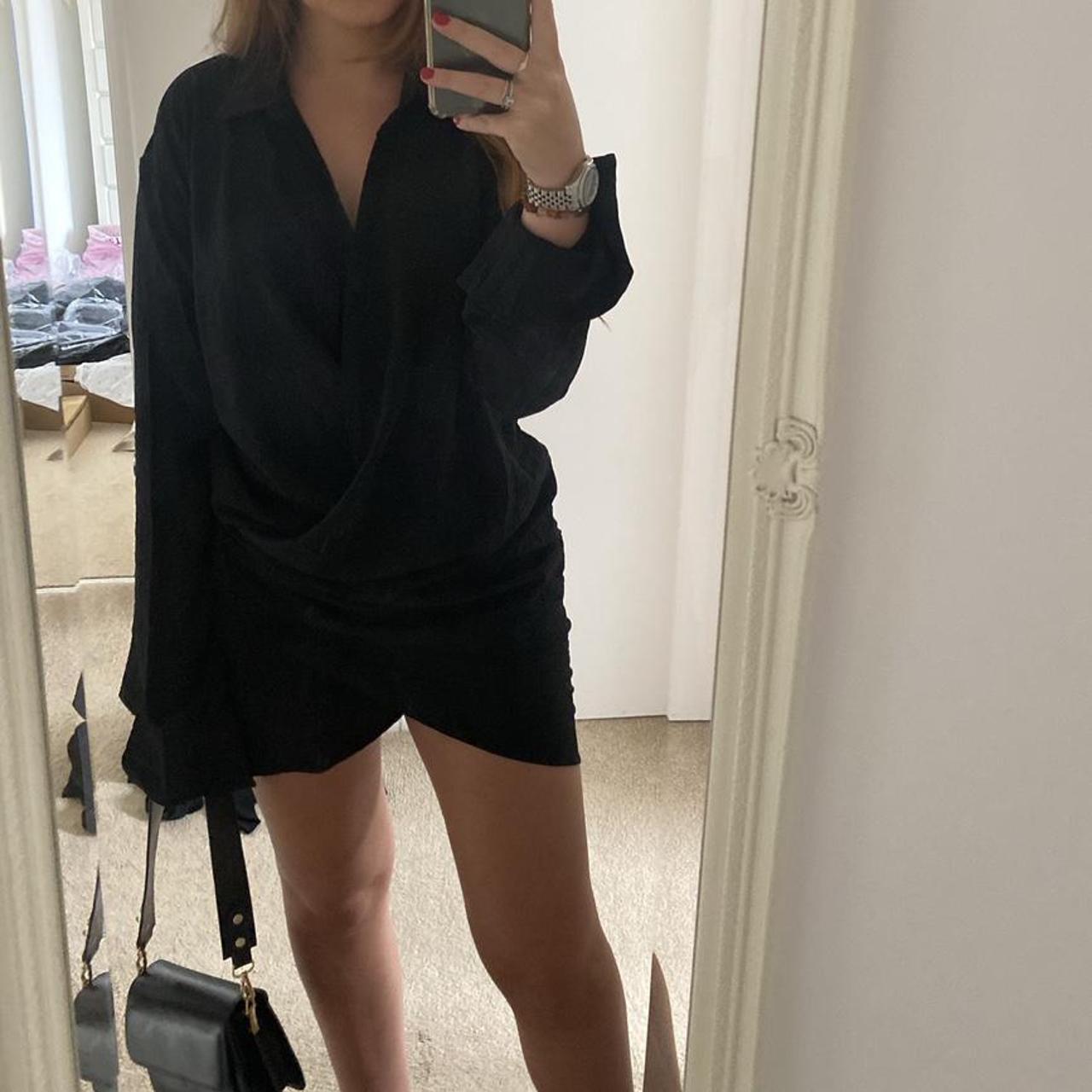 Bell Cuff Plunge T Shirt Dress Black Textured Woven Extreme Plunge