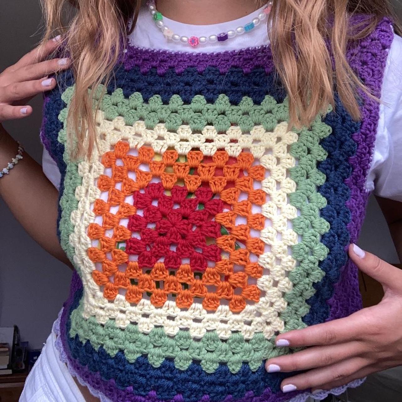 crochet rainbow sweater vest with scalloped trim •... Depop