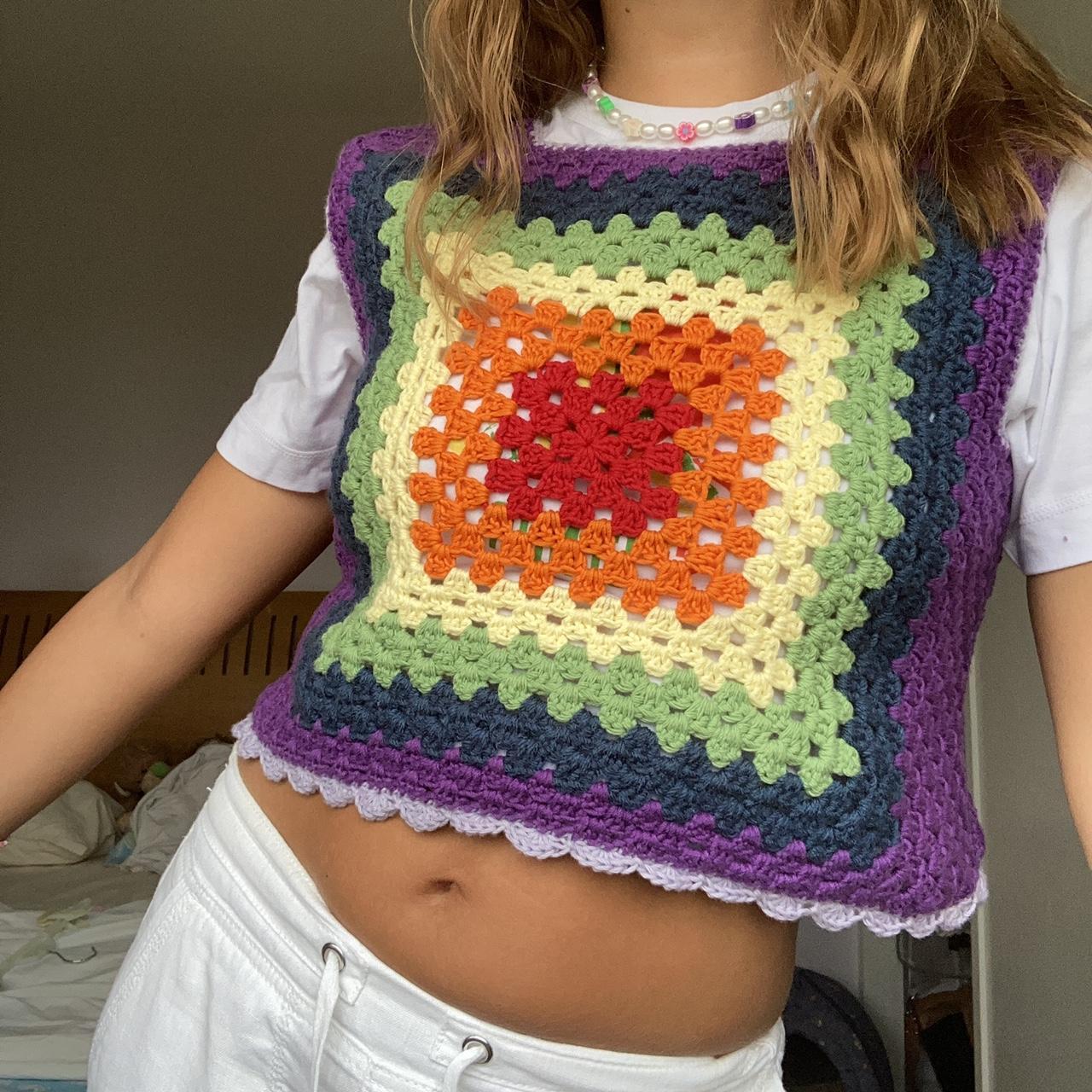crochet rainbow sweater vest with scalloped trim •... Depop