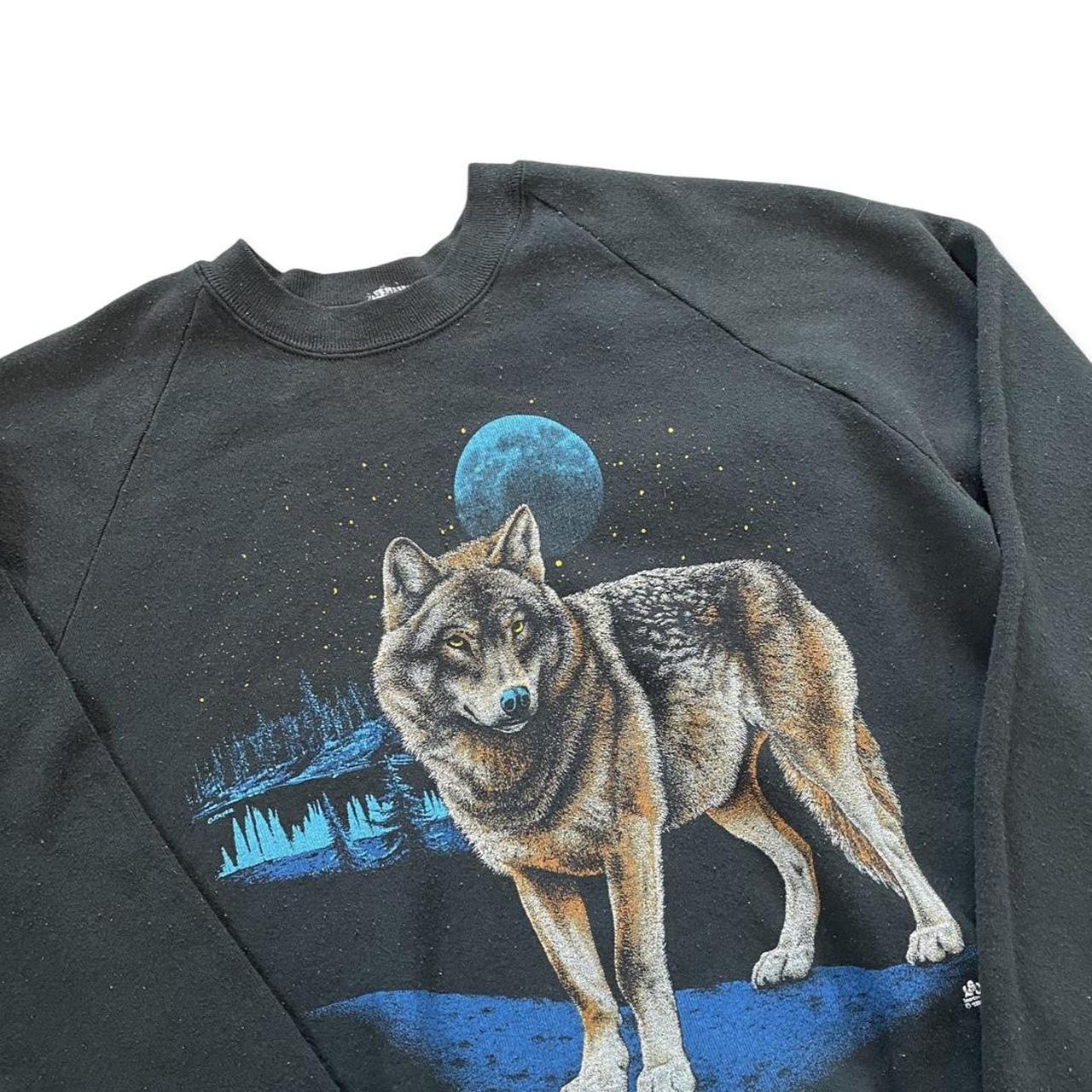 Vintage black printed wolf and moon sweatshirt... - Depop