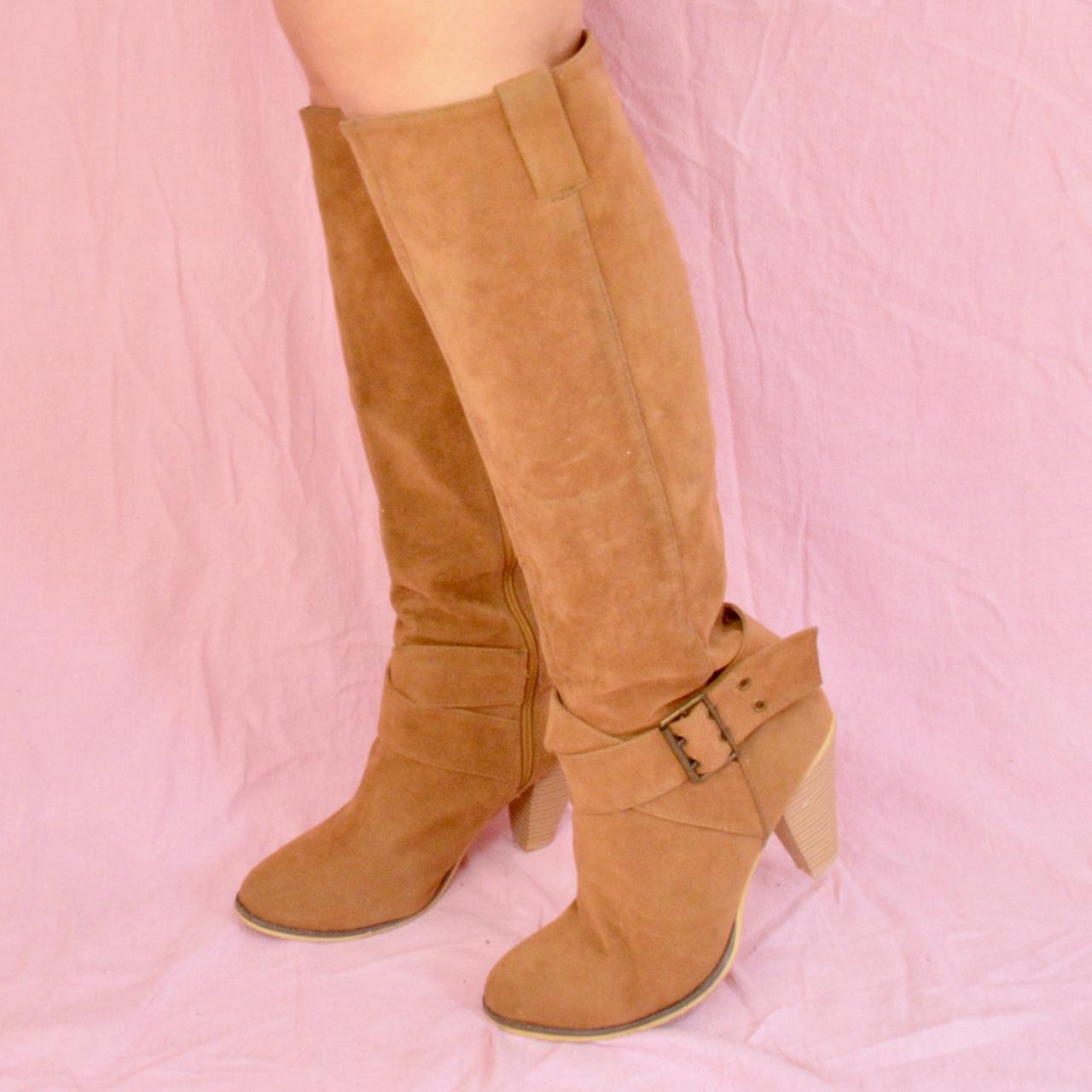 Vintage Y2K vegan suede chunky tan heeled boots with... Depop