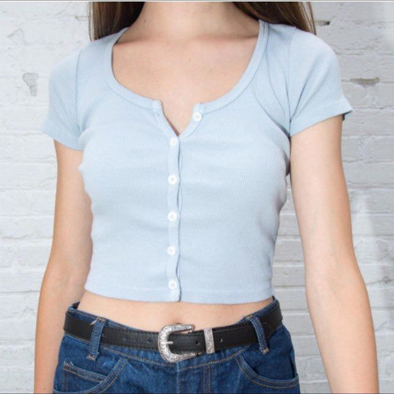 Brandy Melville Light Blue Zelly Button up Top -... - Depop