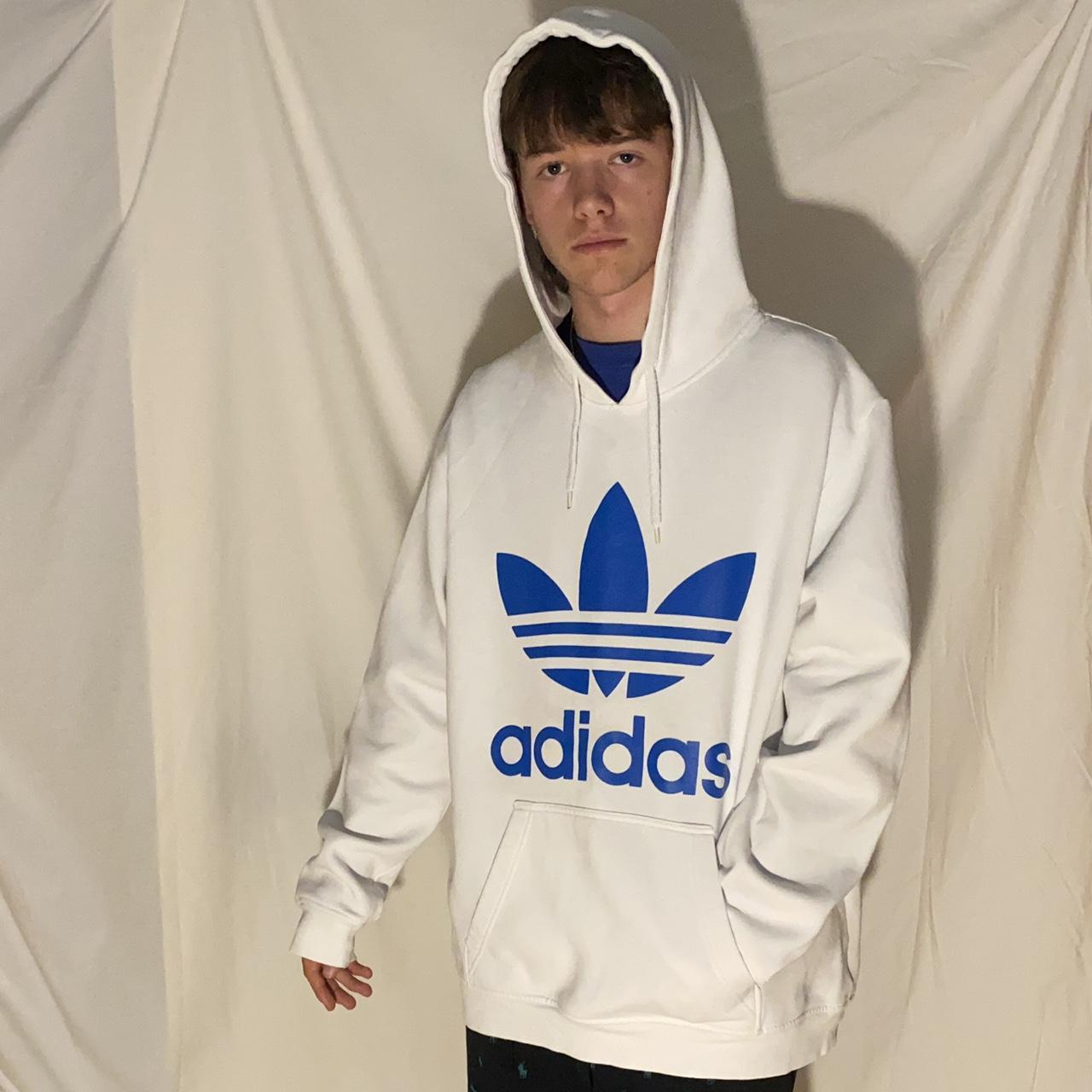 Adidas Men's White and Blue Hoodie | Depop