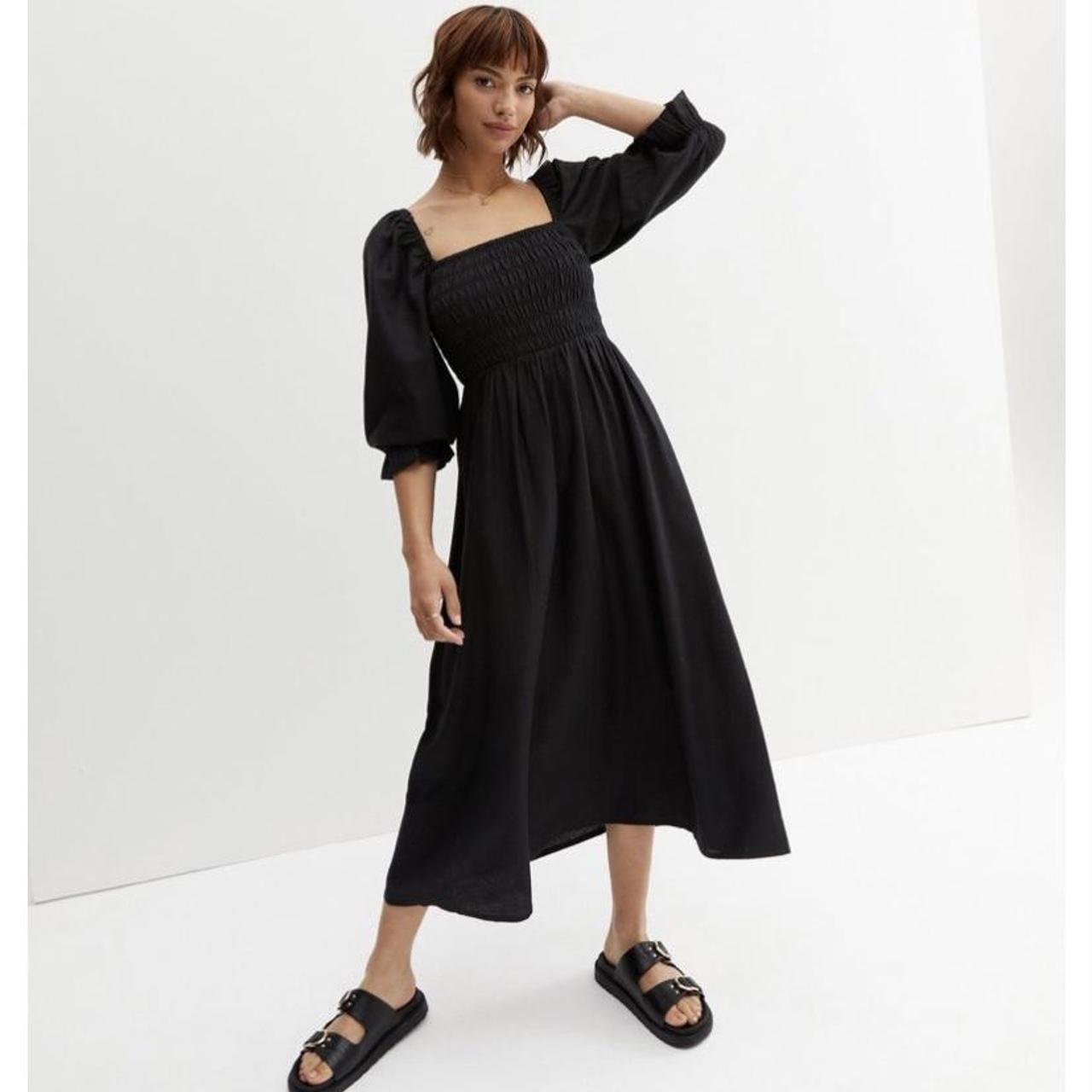Black Linen-Look Shirred Square Neck Midi Dress from... - Depop