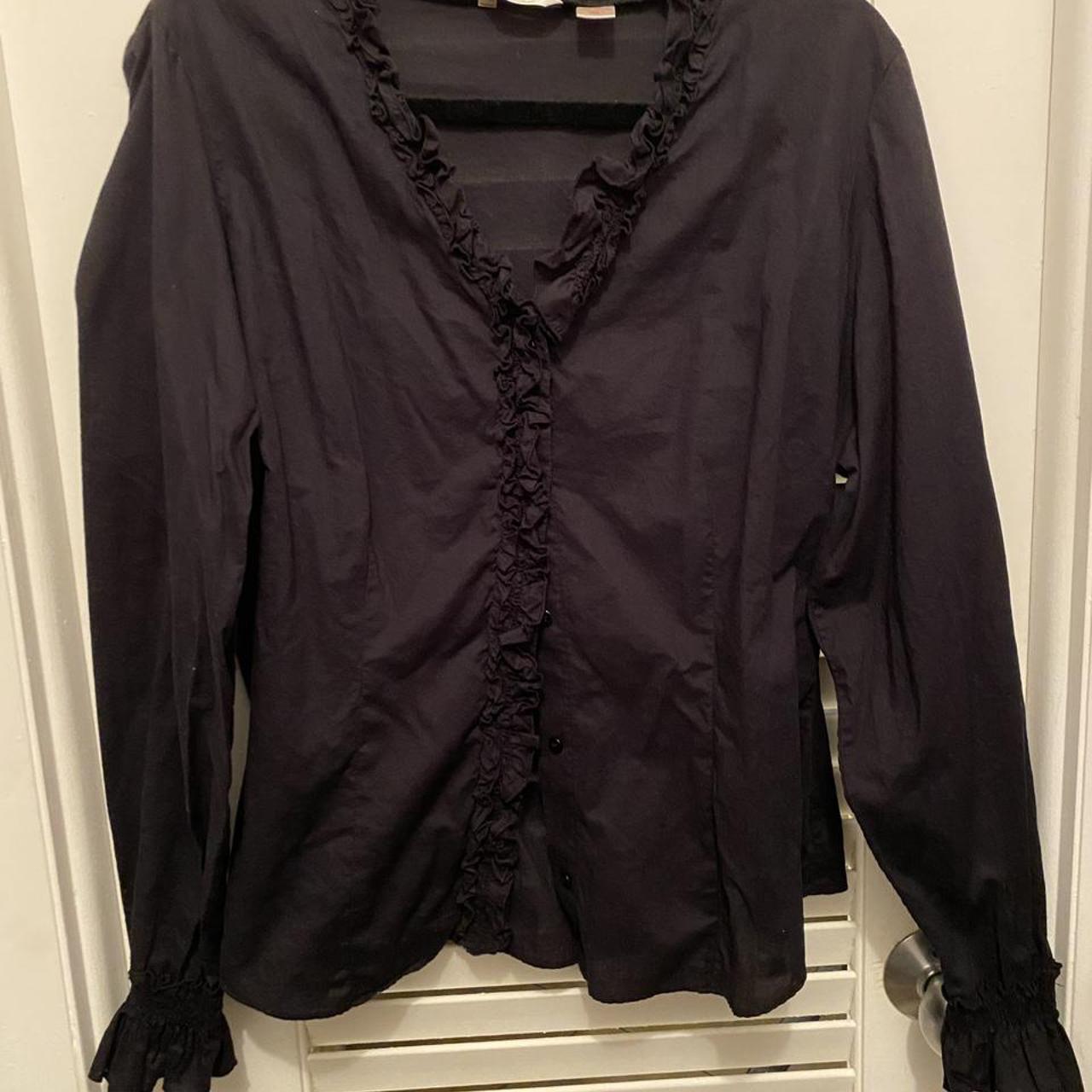 Black cotton ruffled trim collar & sleeve blouse.... - Depop