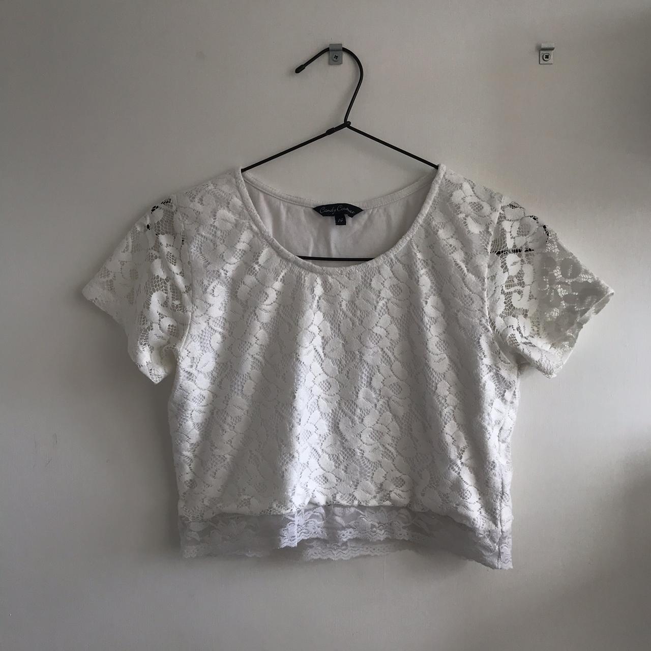 white lace detail crop top age 14, will fit sizes... - Depop
