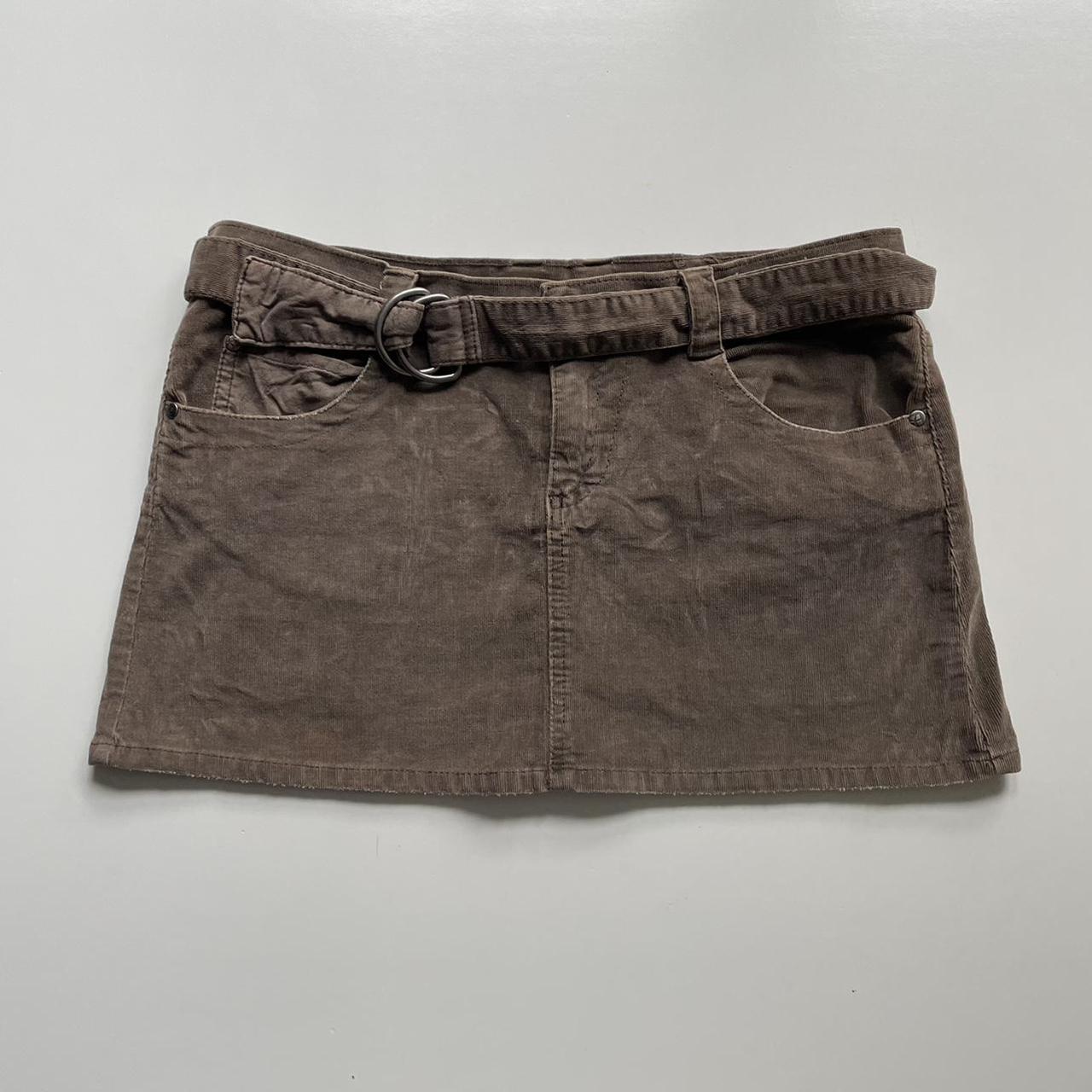 Vintage 00s mini skirt, brown cord material, buckle... - Depop