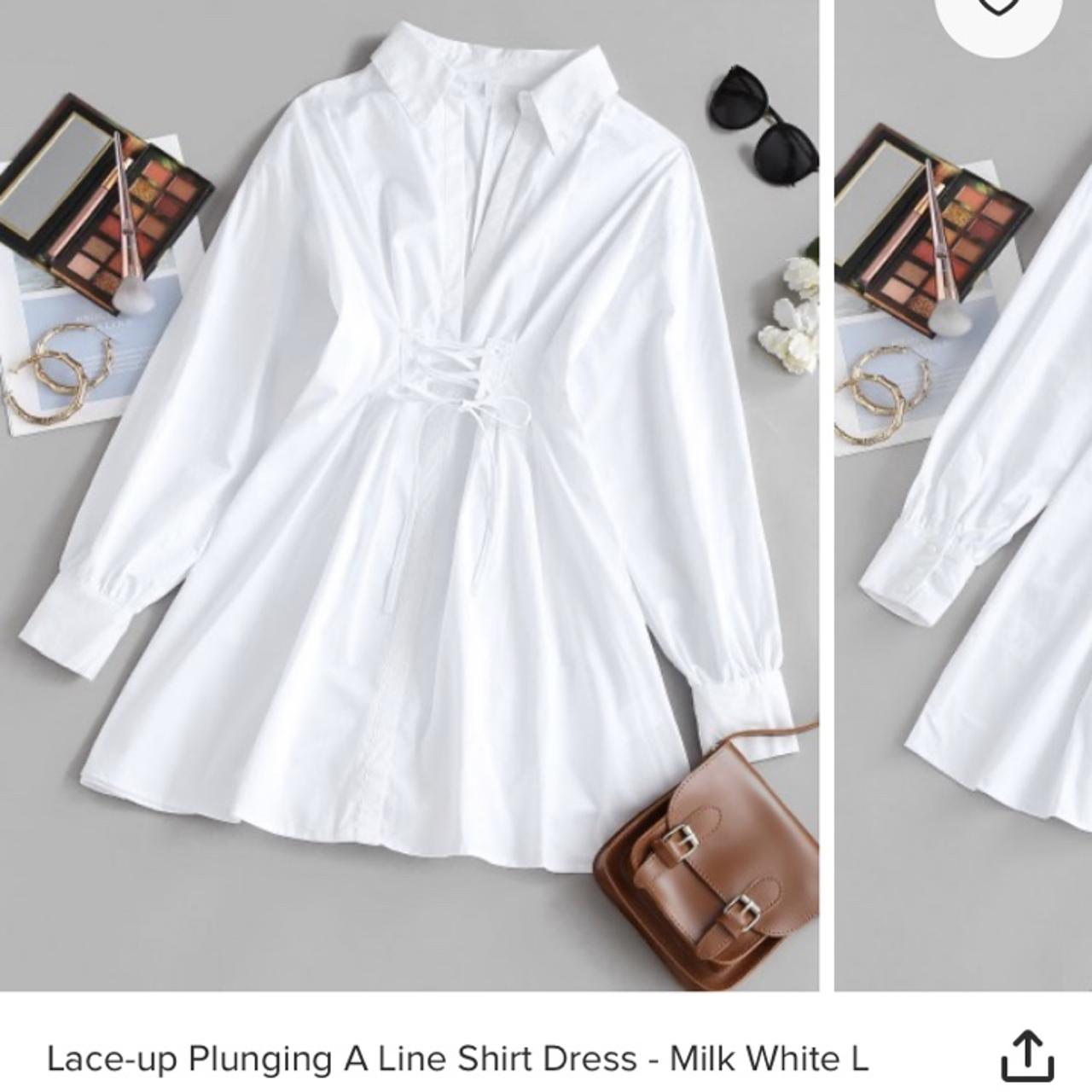 Lace up plunging A-line shirt dress in milk