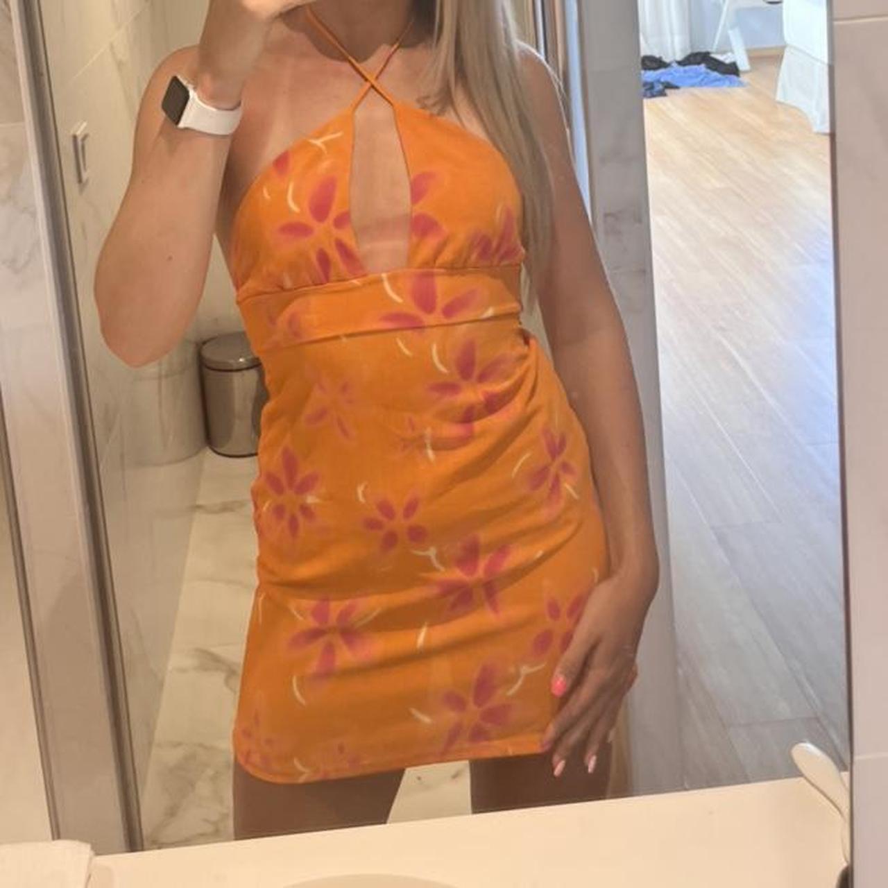 pull-and-bear-floral-orange-halterneck-dress-size-m-depop