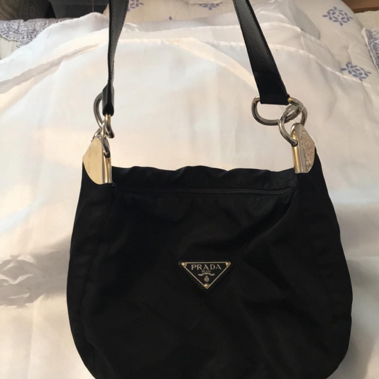 vintage authentic prada nylon bag with black leather... - Depop