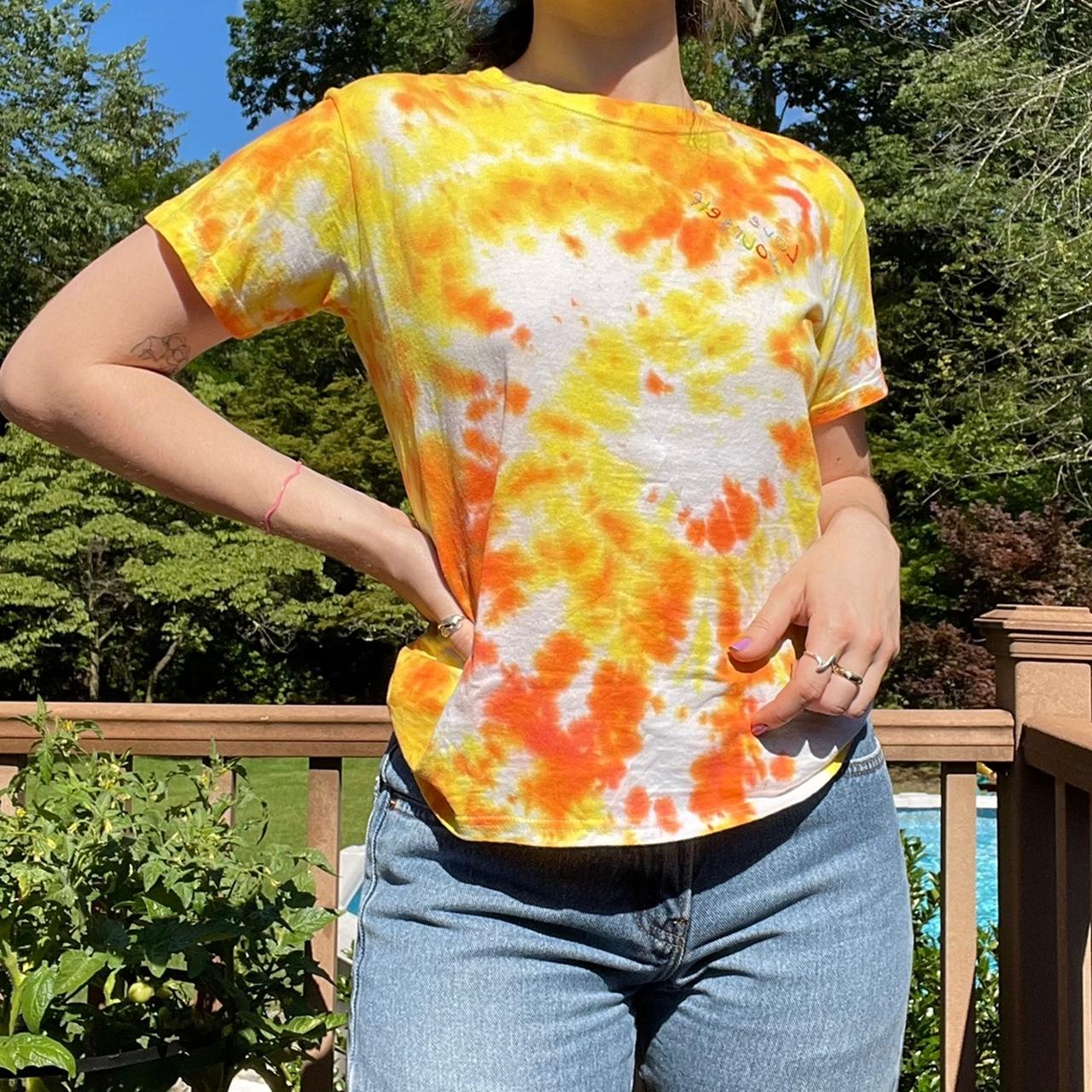 yellow orange and white tie dyed t-shirt with Depop