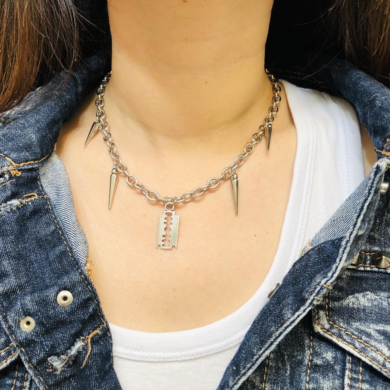 Spike Punk Razor Blade Pendant Necklace Choker,... - Depop