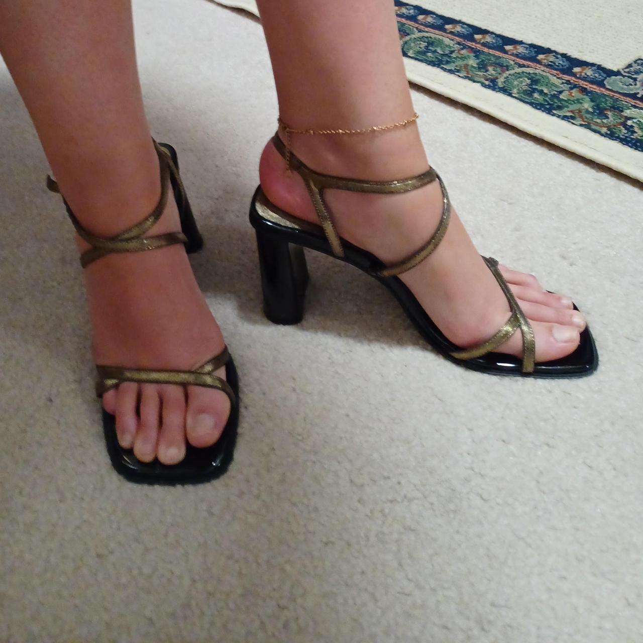 Gold and black square toe sandals heels. Heels are... - Depop