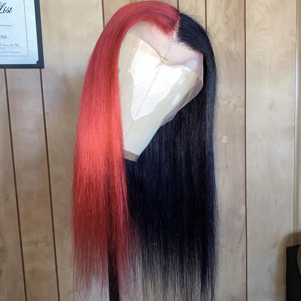 Red and Black Split Dyed Human Hair Lace Front Wig... - Depop