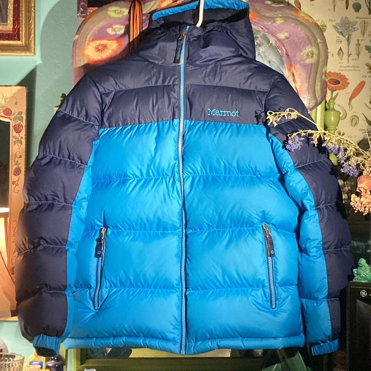 Bright blue Marmot down puffer jacket!, 700 fill...