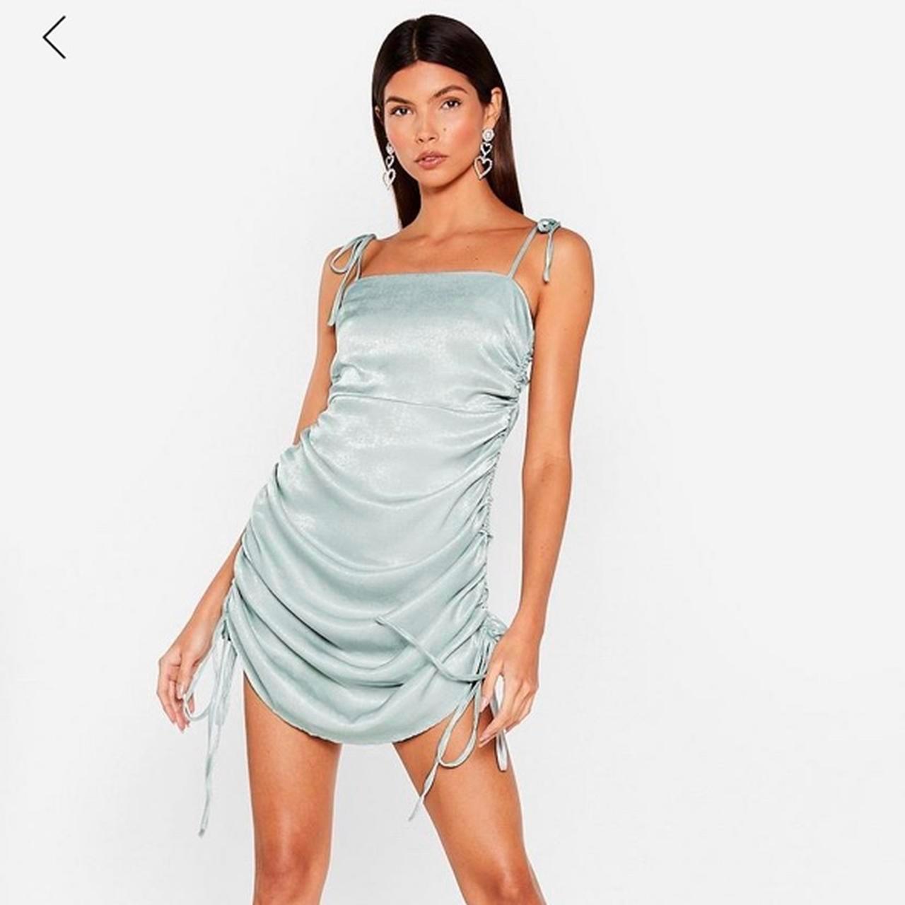 Nasty Gal Blue/Turquoise Ruched Satin Mini Dress... - Depop