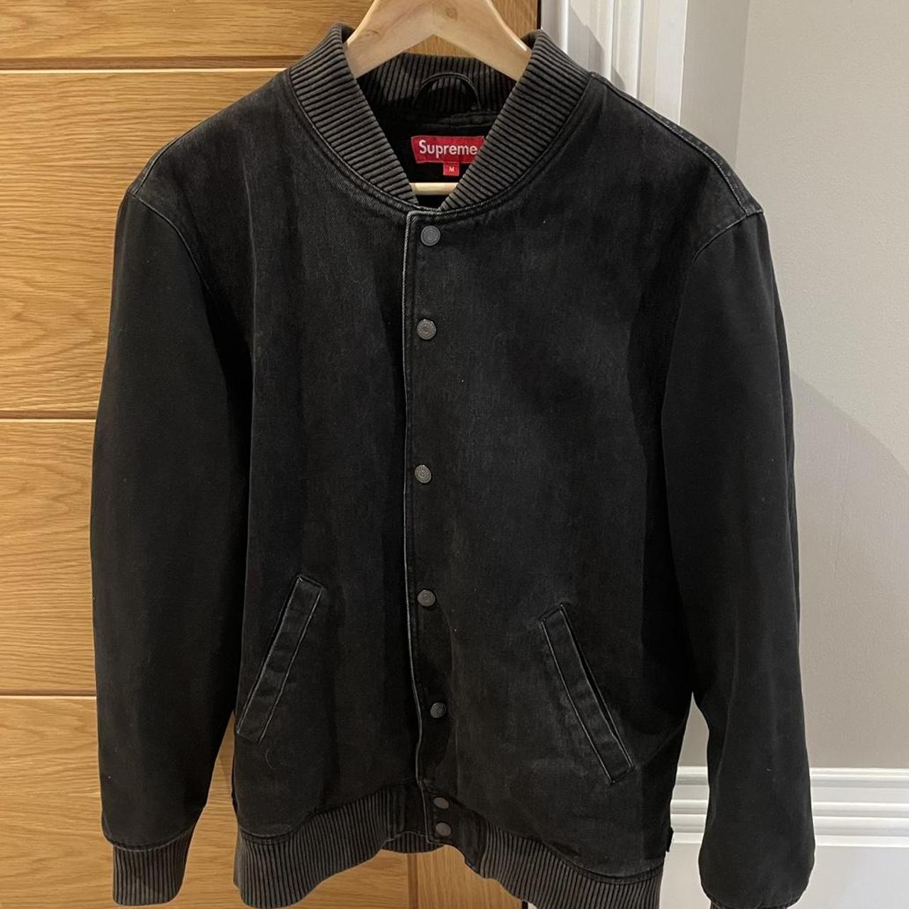 Supreme Denim Varsity Jacket - Black - Vintage - Depop