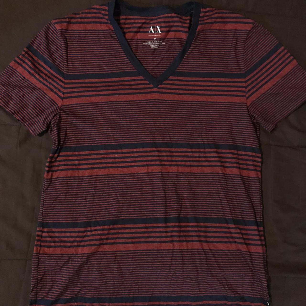 Armani Exchange red and navy blue stripe v neck.... - Depop