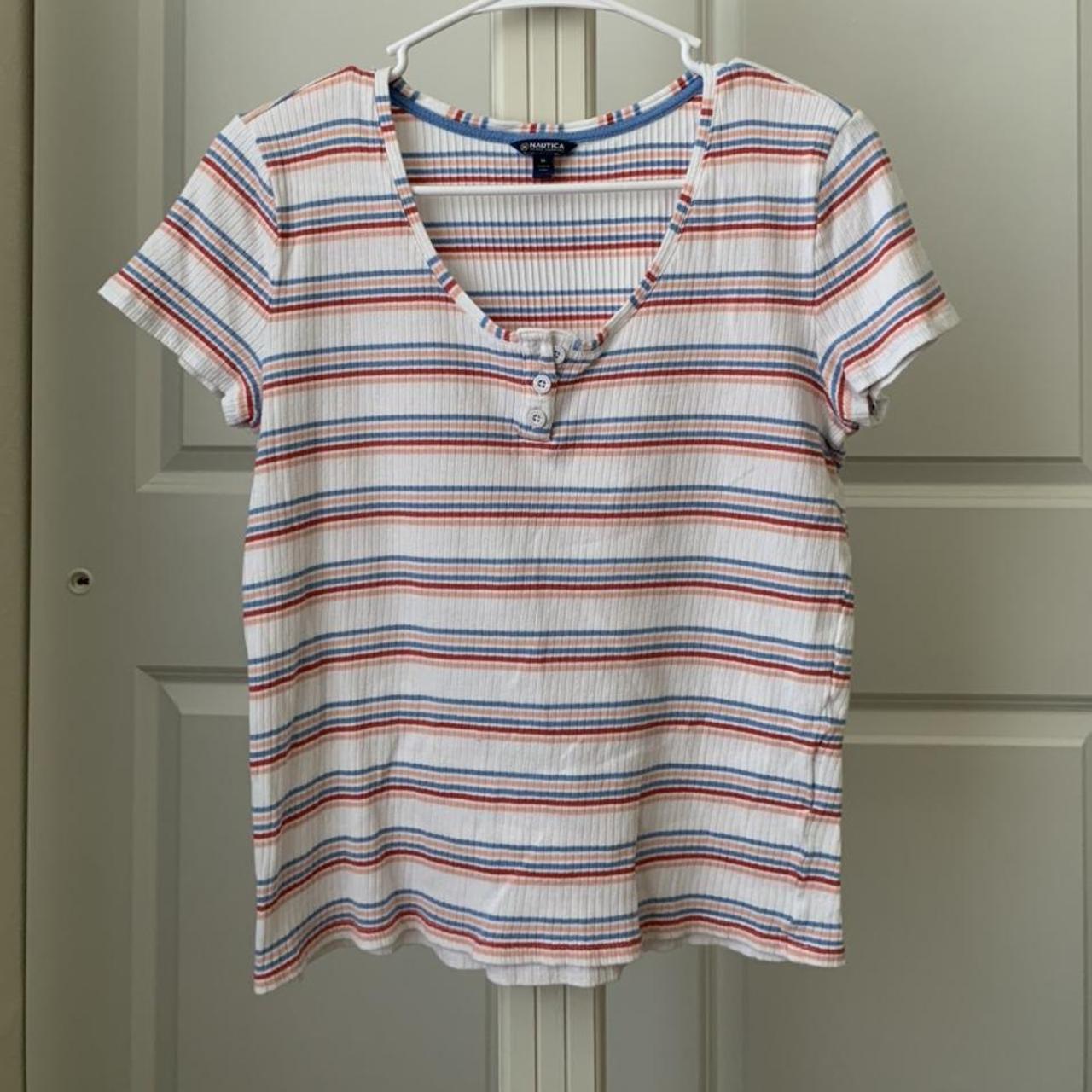 Multi Colored Striped Scoop Neck Fitted Tee Size... - Depop