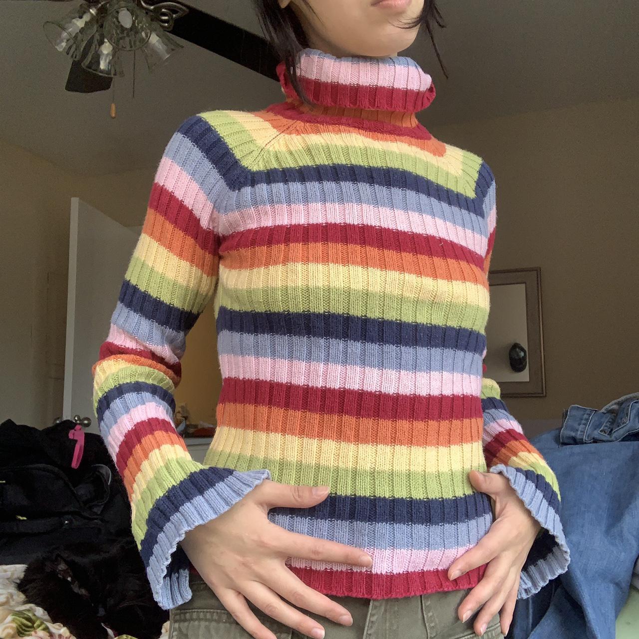 Rainbow striped turtle neck. Sleeves split at the... - Depop