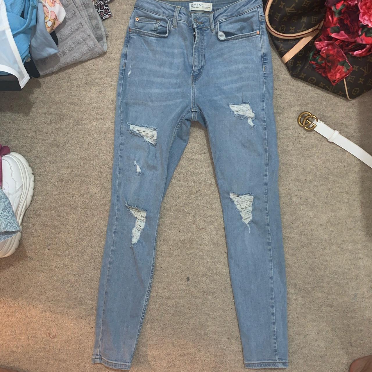 Size 10 high waisted cut out skinny blue denim jeans... - Depop