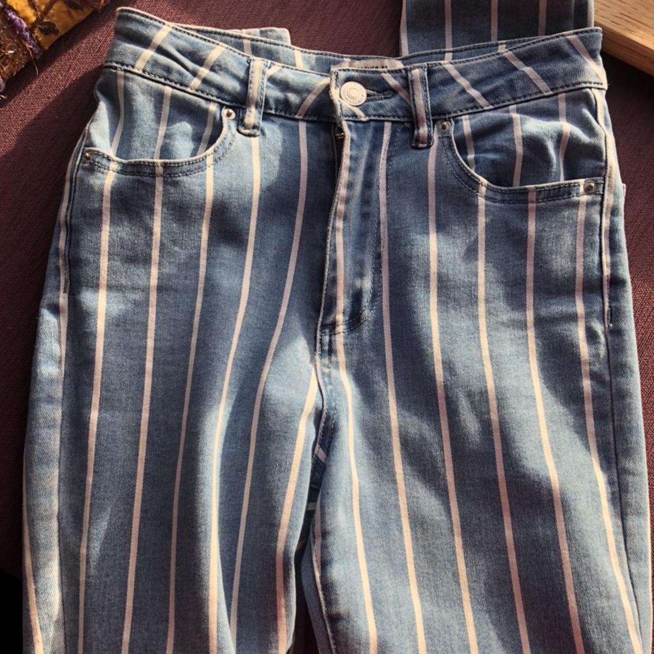 Forever 21 denim skinny jeans with white stripes... - Depop