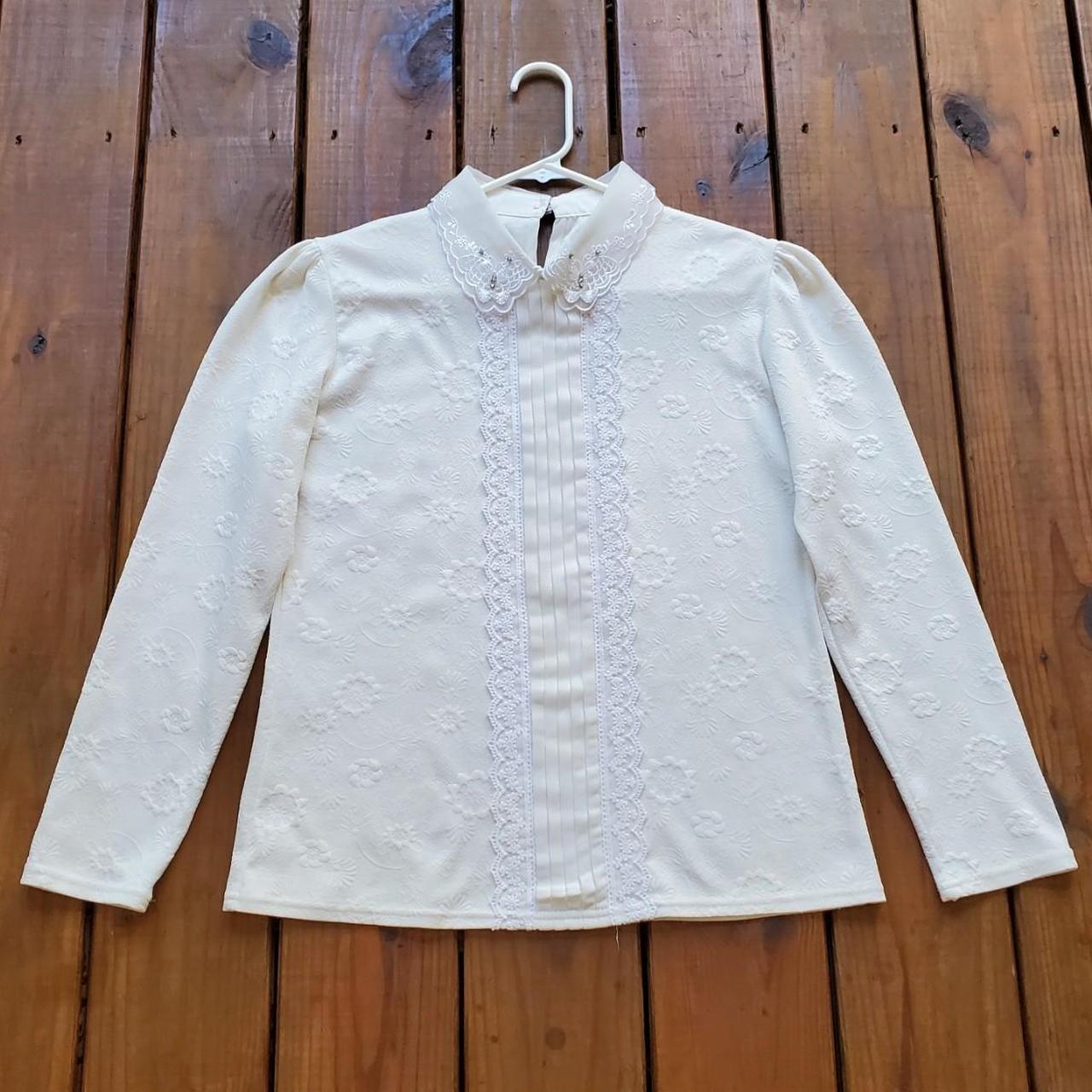 Vintage 80's M/L white floral long sleeve blouse!... - Depop