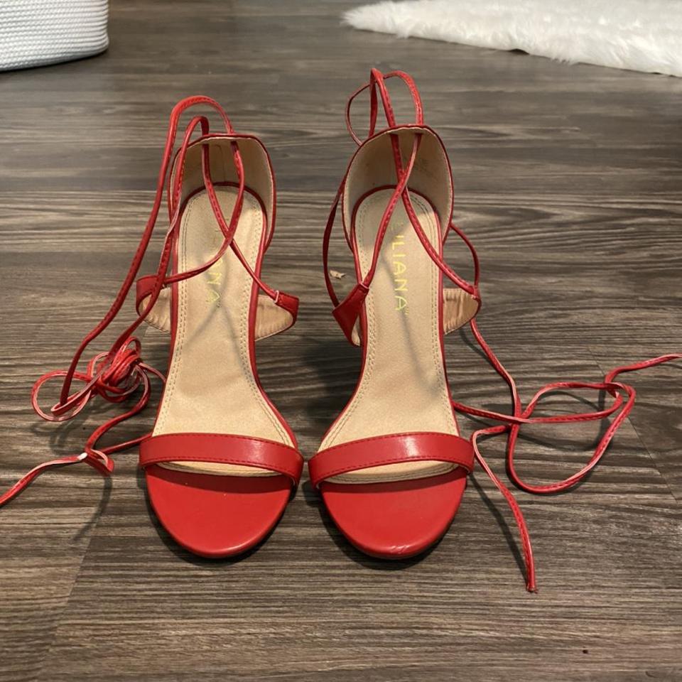 Red strappy lace online up heels