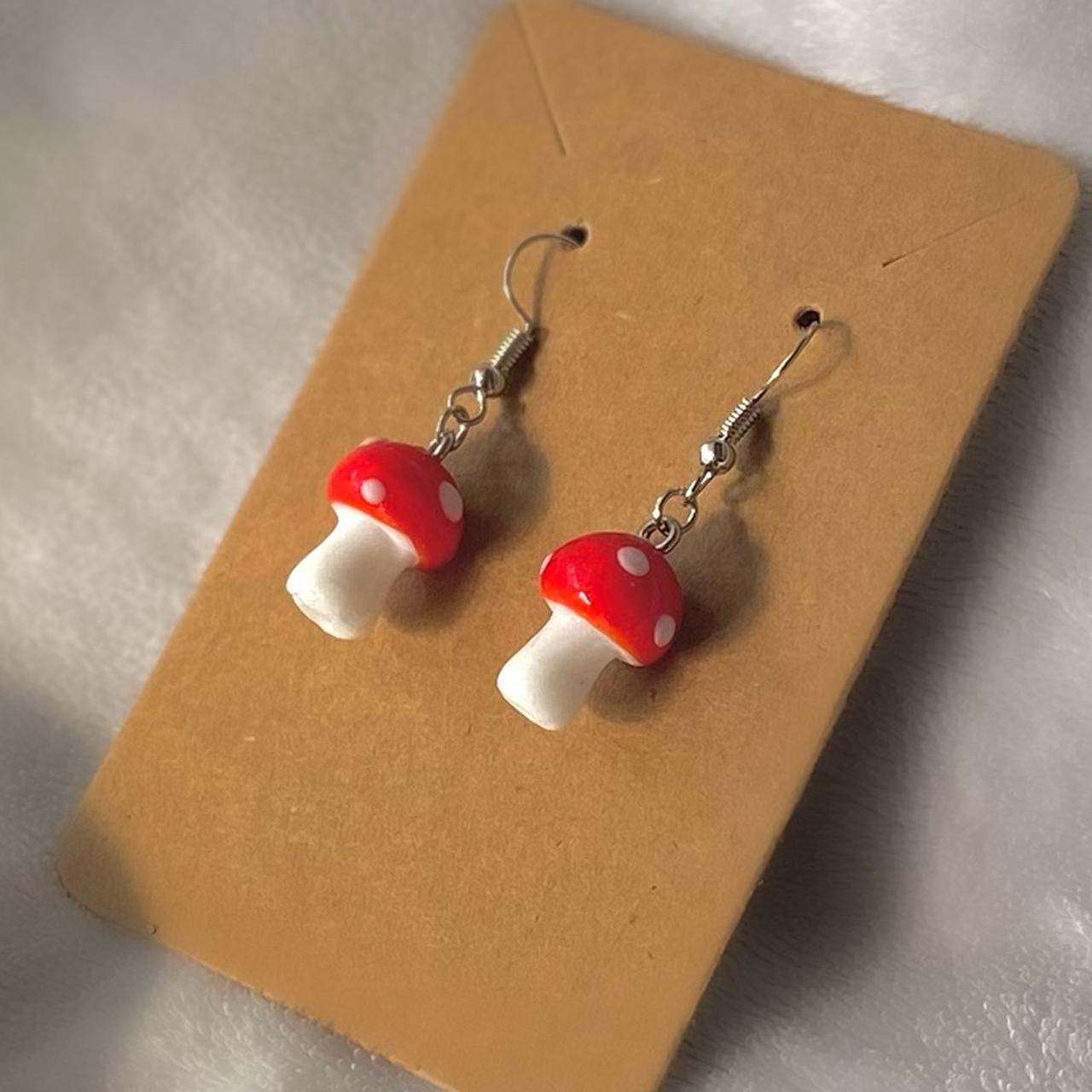 Red/ White Glass mushroom earring Handmade... - Depop