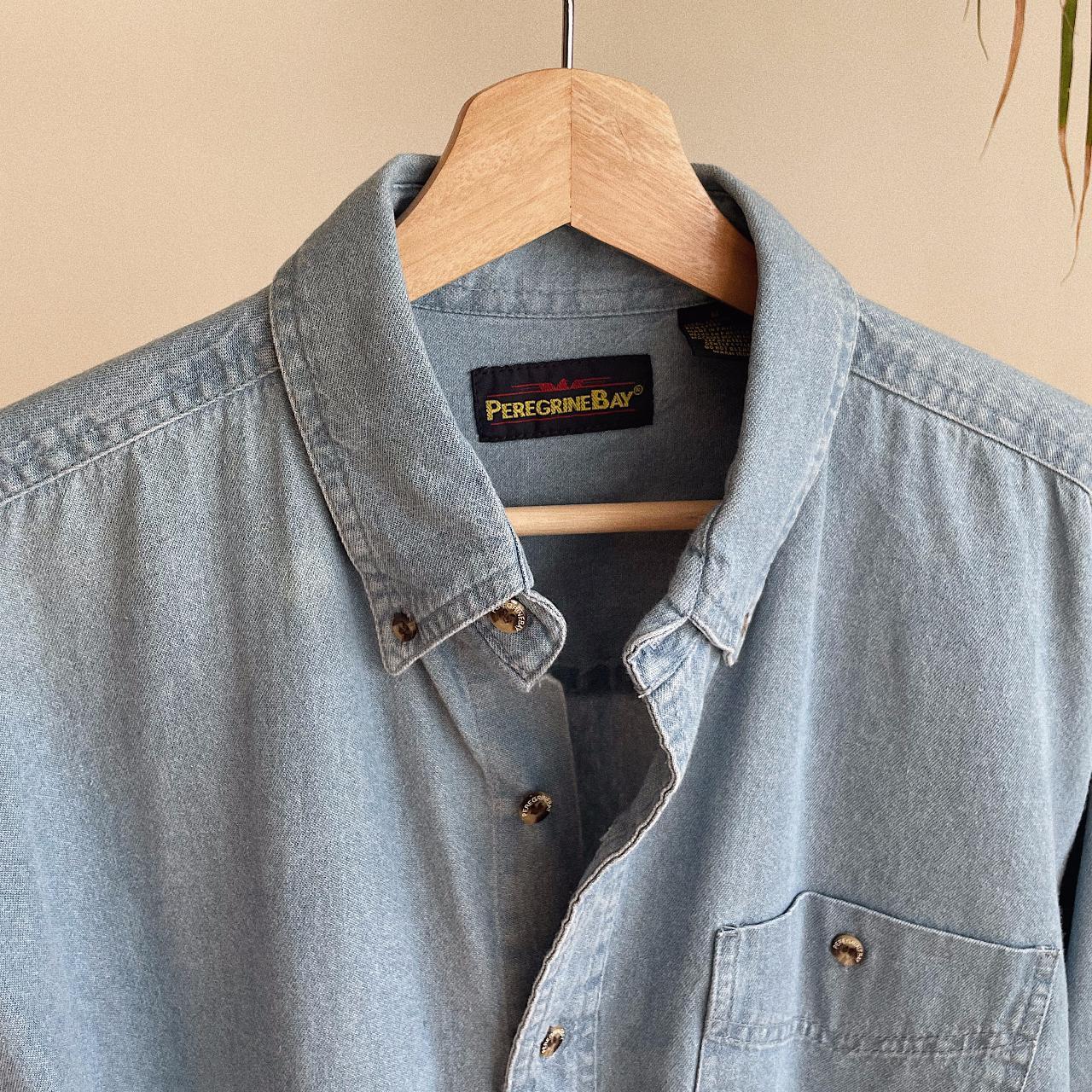 Vintage mens blue denim long sleeve button up shirt,... - Depop