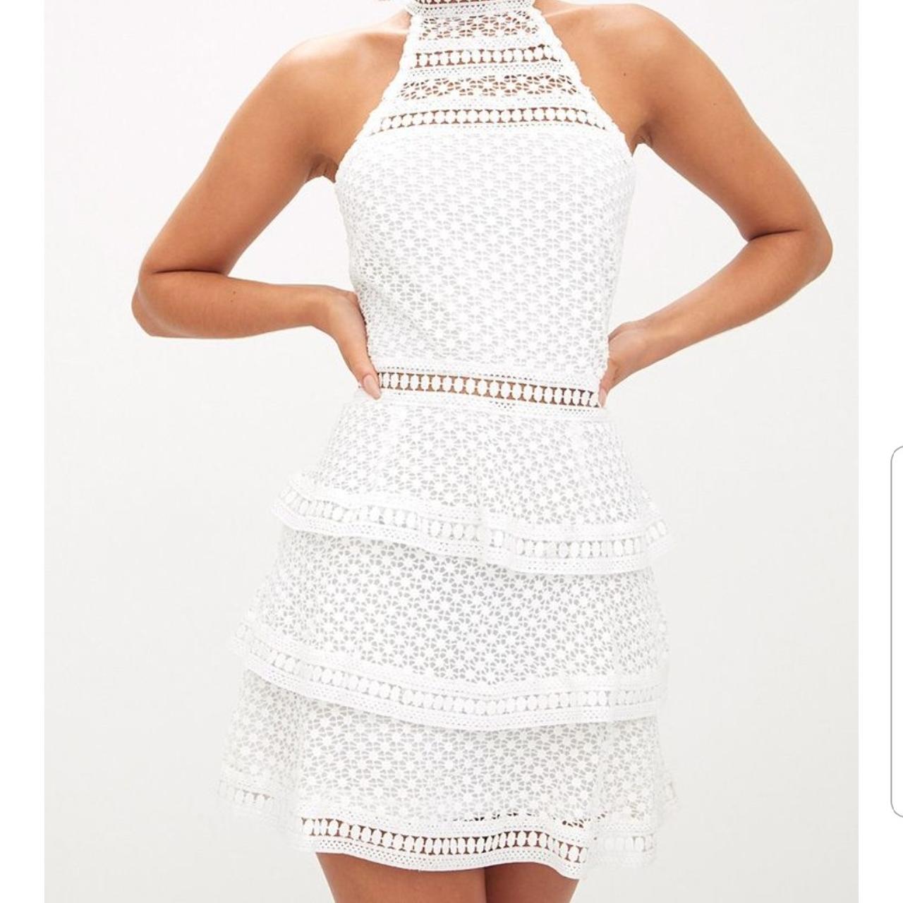 Pretty Little thing white crochet halterneck dress. Depop