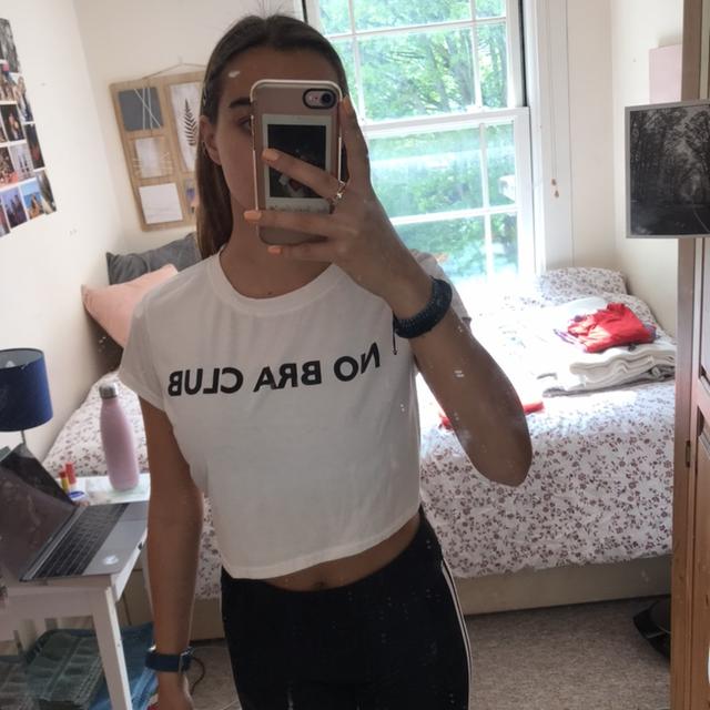 Cute white 'no bra club' crop top, in impeccable - Depop