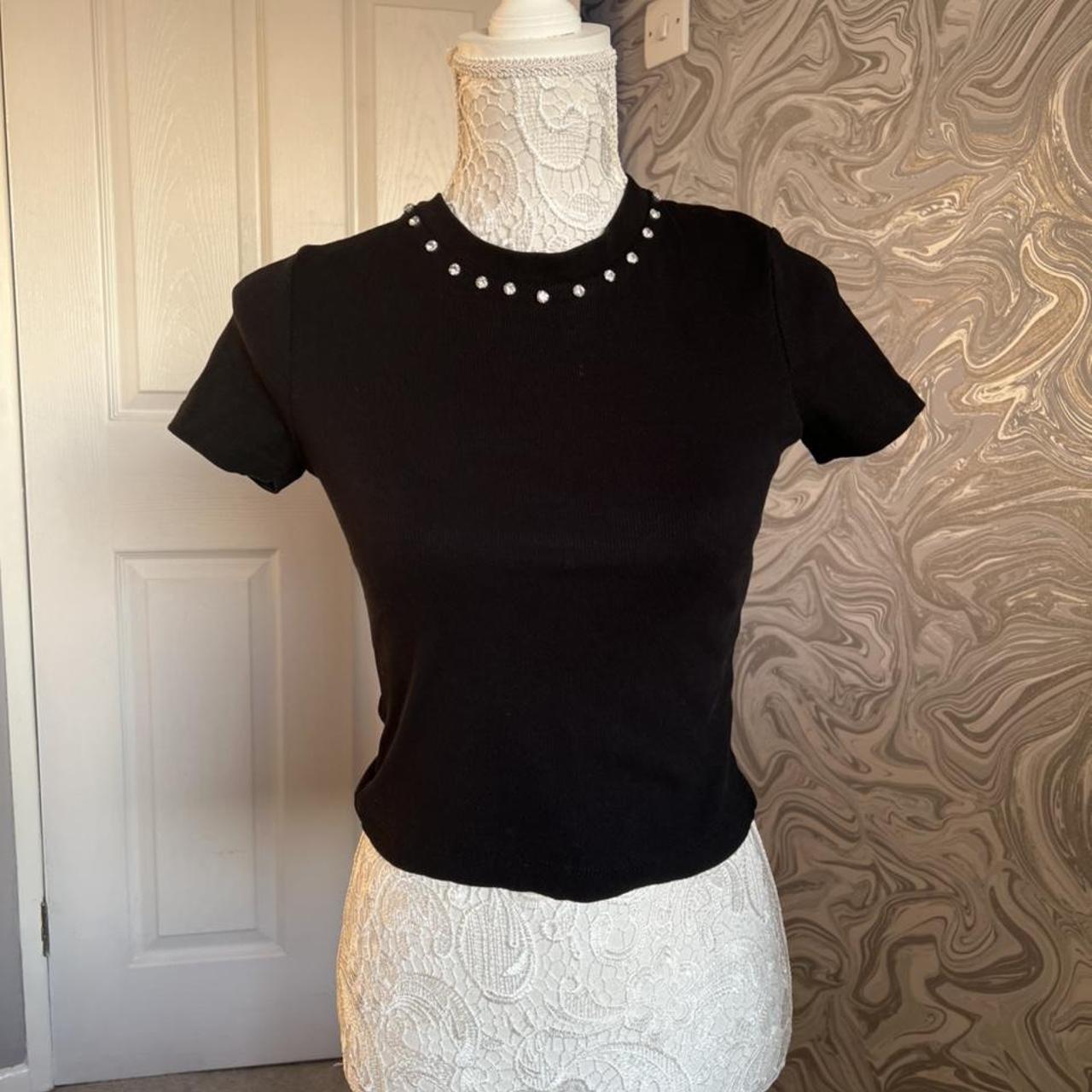 Black Zara crop top with diamanté neck collar... Depop