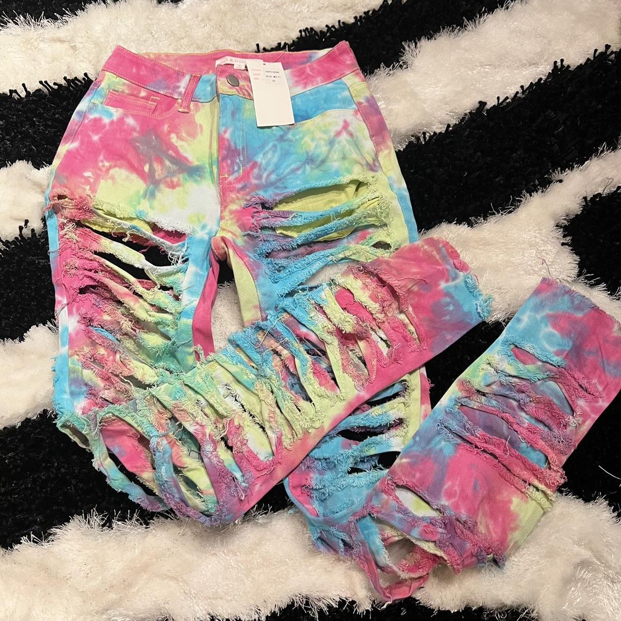 RAINBOW TIEDYE MEGA RIPPED JEANS BY HOT & DELICIOUS... - Depop