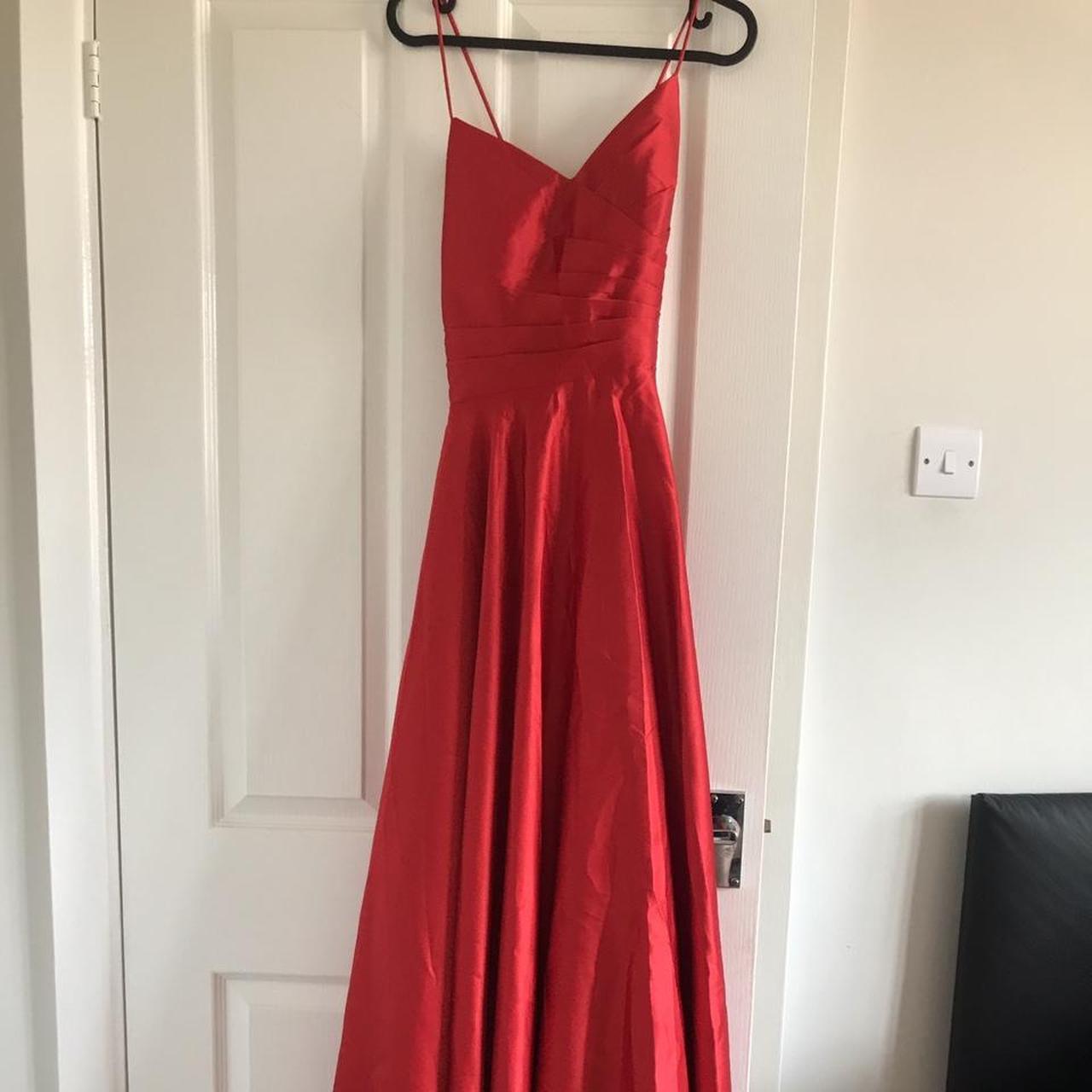 Stacees A line floor length satin red prom dress... - Depop