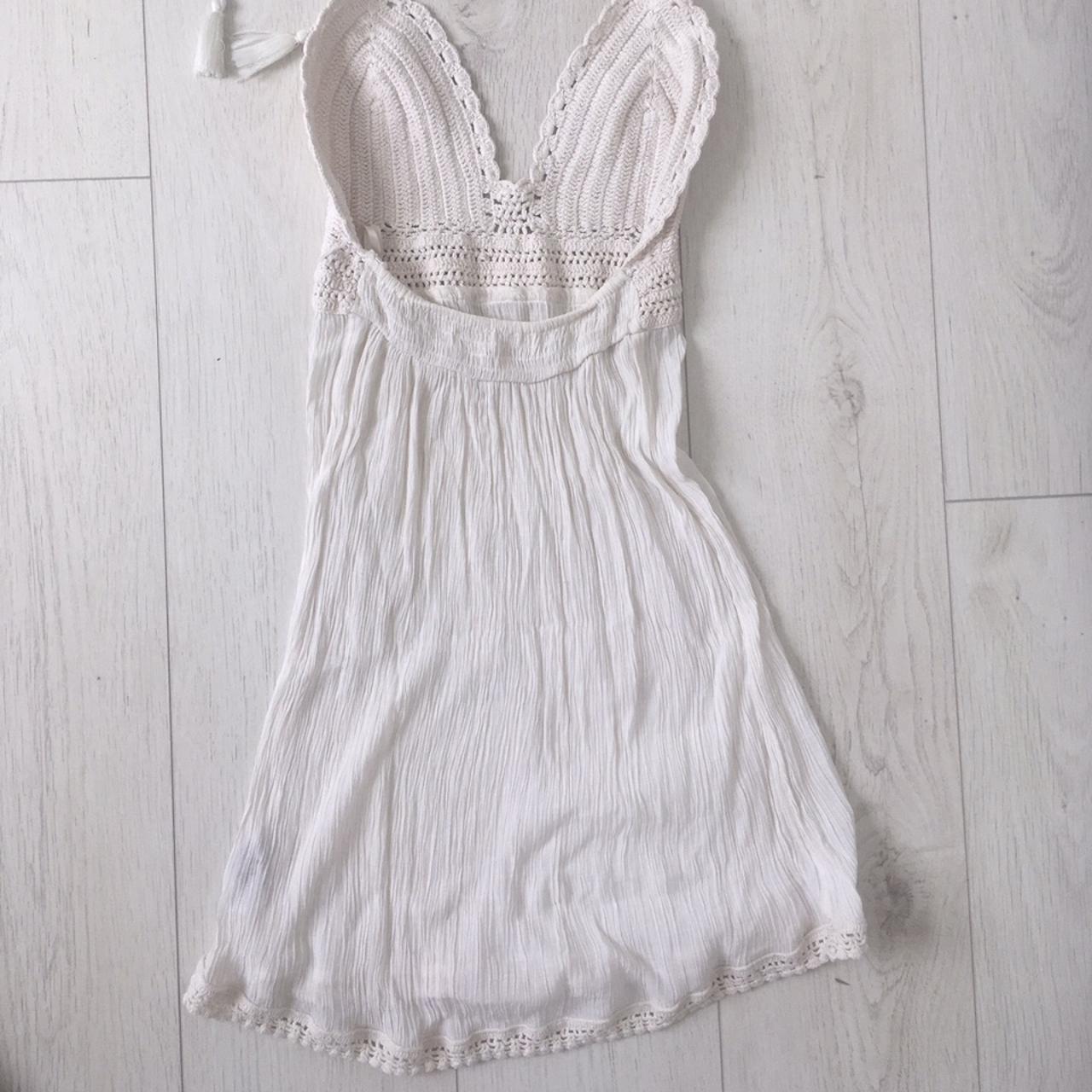 crochet chiffon halter cream beach dress with frilly... Depop
