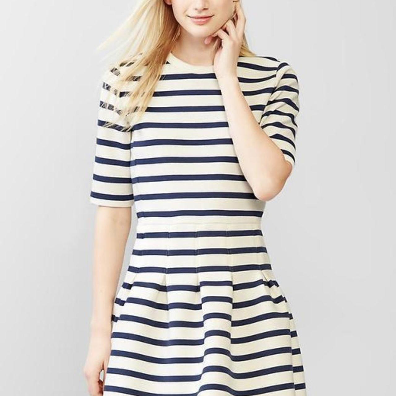 Gap Women's Cream and Navy Dress Depop