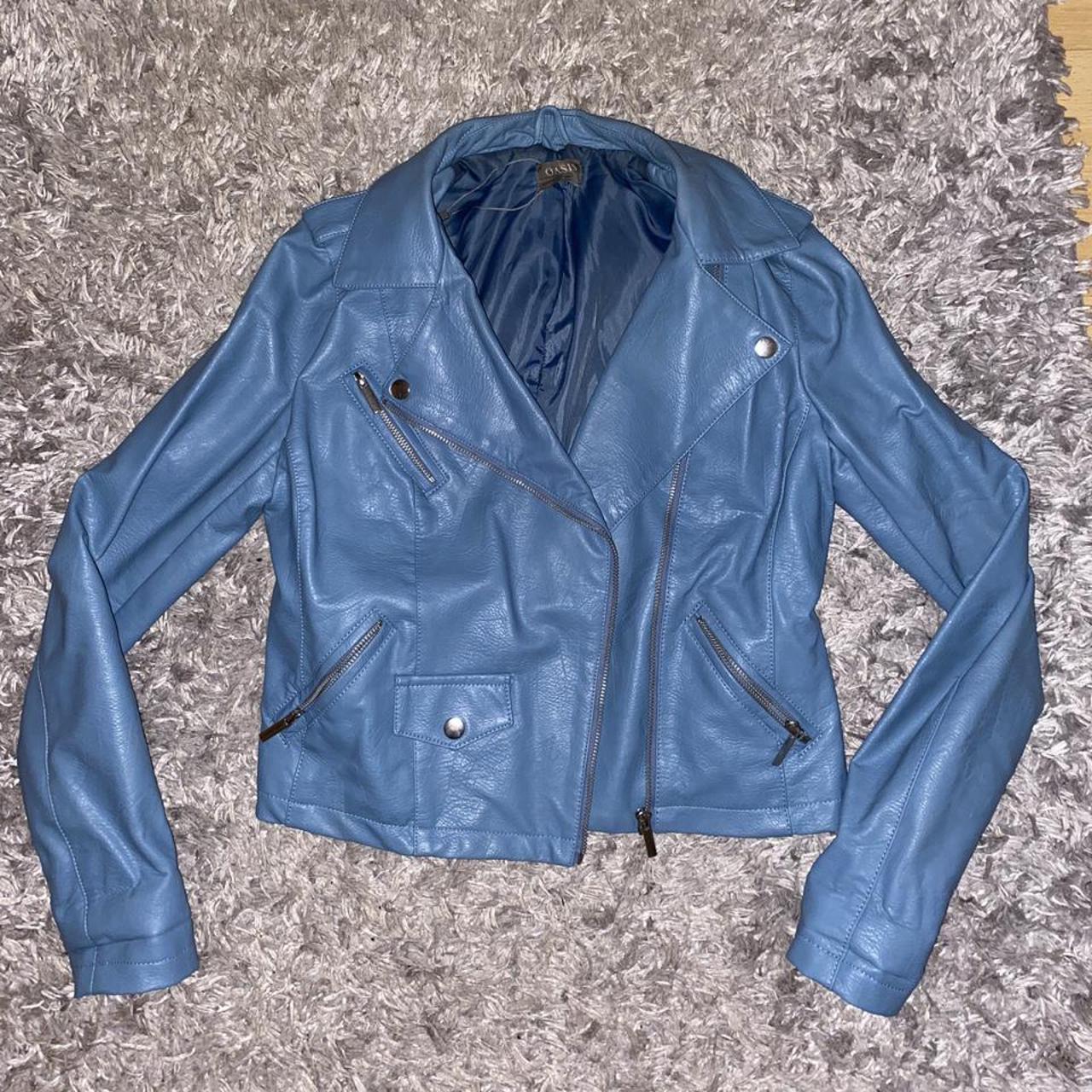 Blue leather jacket, worn once #oasis #blueleather... - Depop