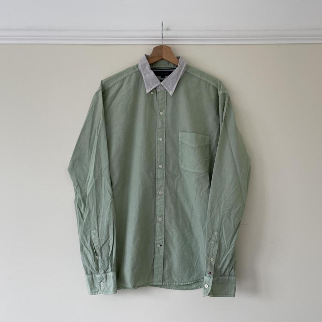 •Green and White Tommy Hilfiger smart button down... - Depop