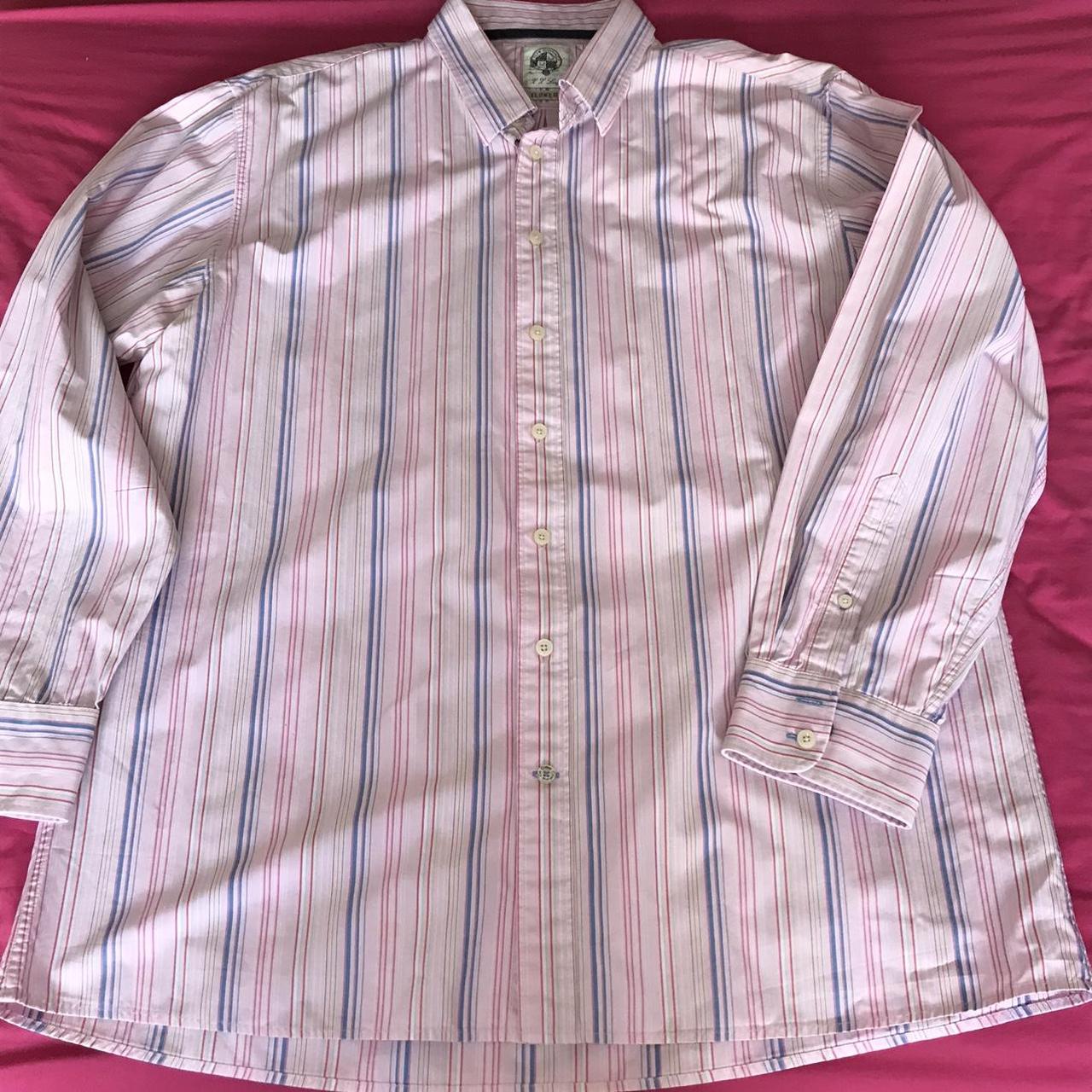 Crew Clothing pink shirt with multi colour stripes.... - Depop