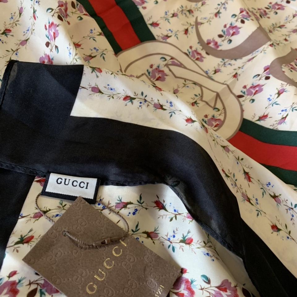 gucci logo rose print silk scarf