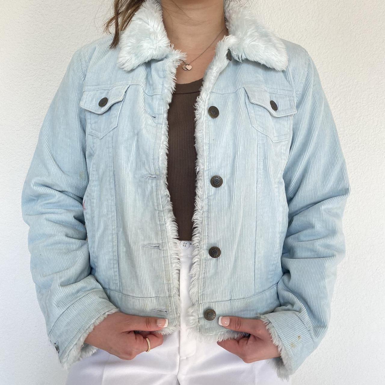 blue corduroy jacket with fur collar